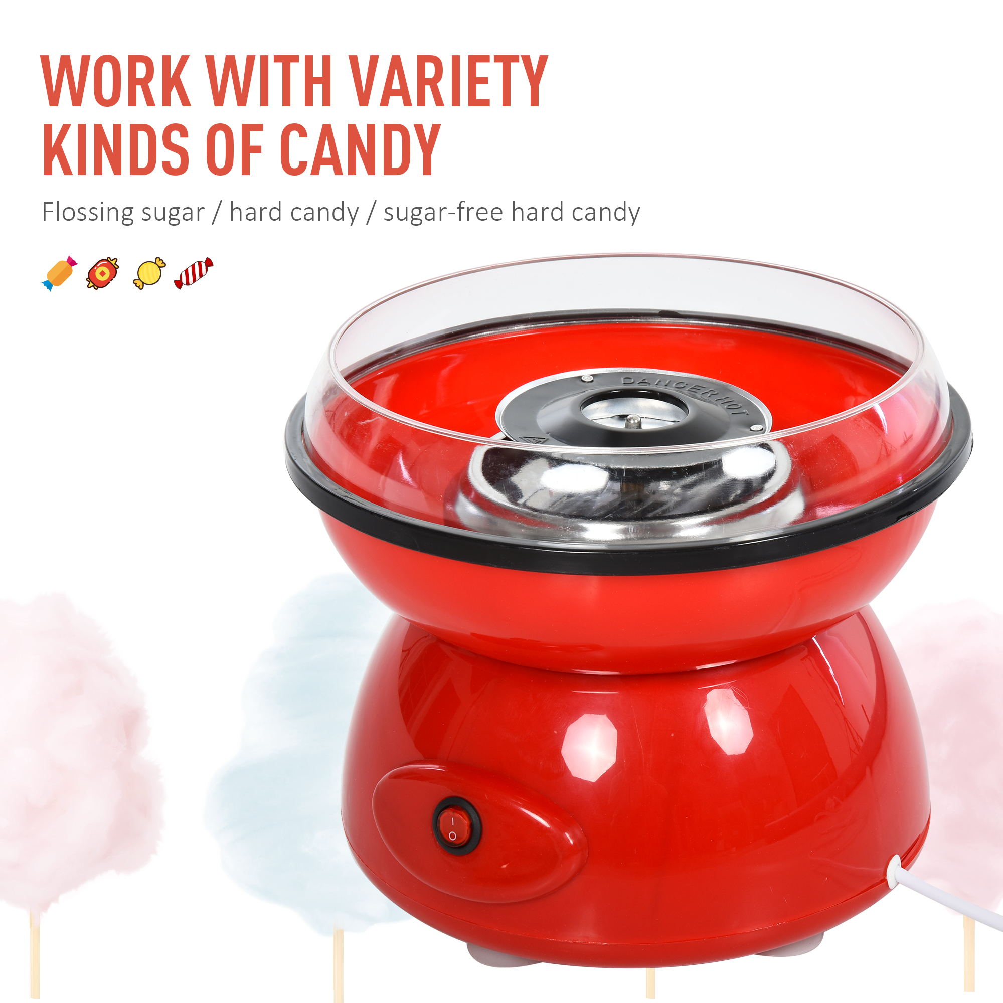 HOMCOM 450W Electric Candyfloss Machine Kit Non-Stick Plates Fairground Fun Children Adult Party Gift Home Sweet Metal Body w/ Accessories Red