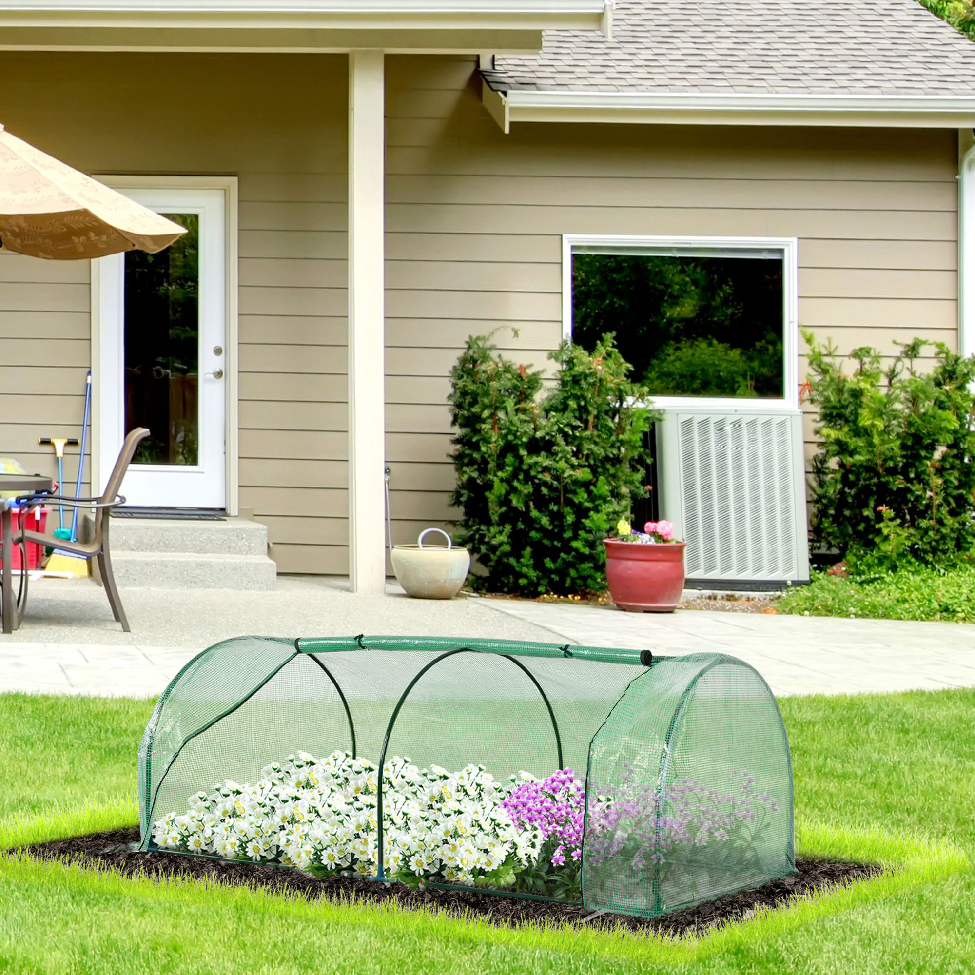 Outsunny Tunnel Greenhouse, Steel Frame Outdoor Grow House with PE Cover, Roll-up Door, Green, 200x100x80cm