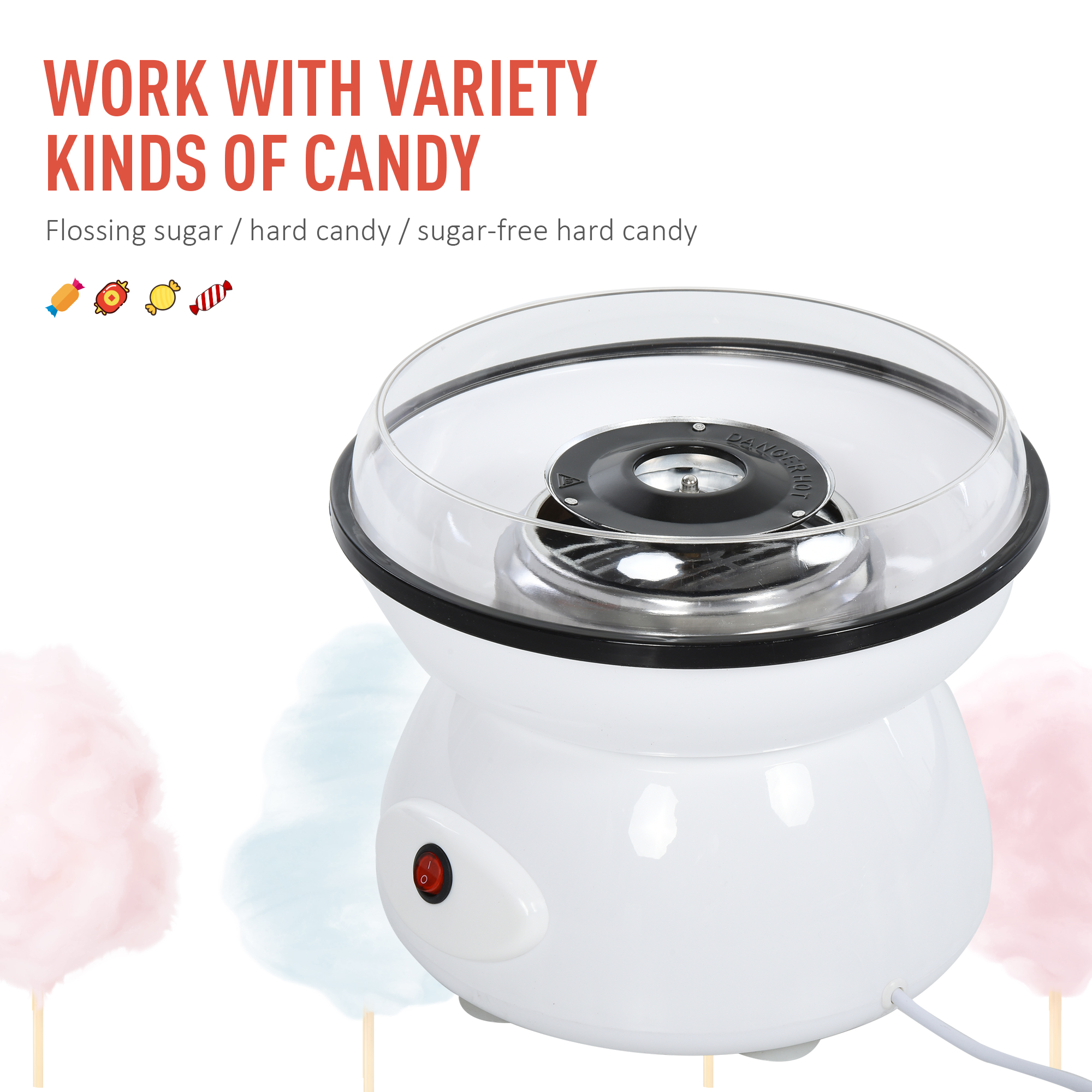 HOMCOM 450W Electric Candyfloss Machine Kit Non-Stick Plates Fairground Fun Children Adult Party Gift Home Sweet Metal Body w/ Accessories White