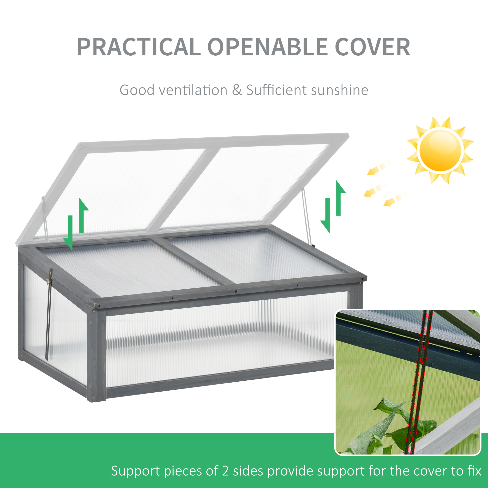 Outsunny Cold Frame Greenhouse, Wooden Frame with Polycarbonate Board, Openable & Tilted Top, 100x65x40cm, Grey
