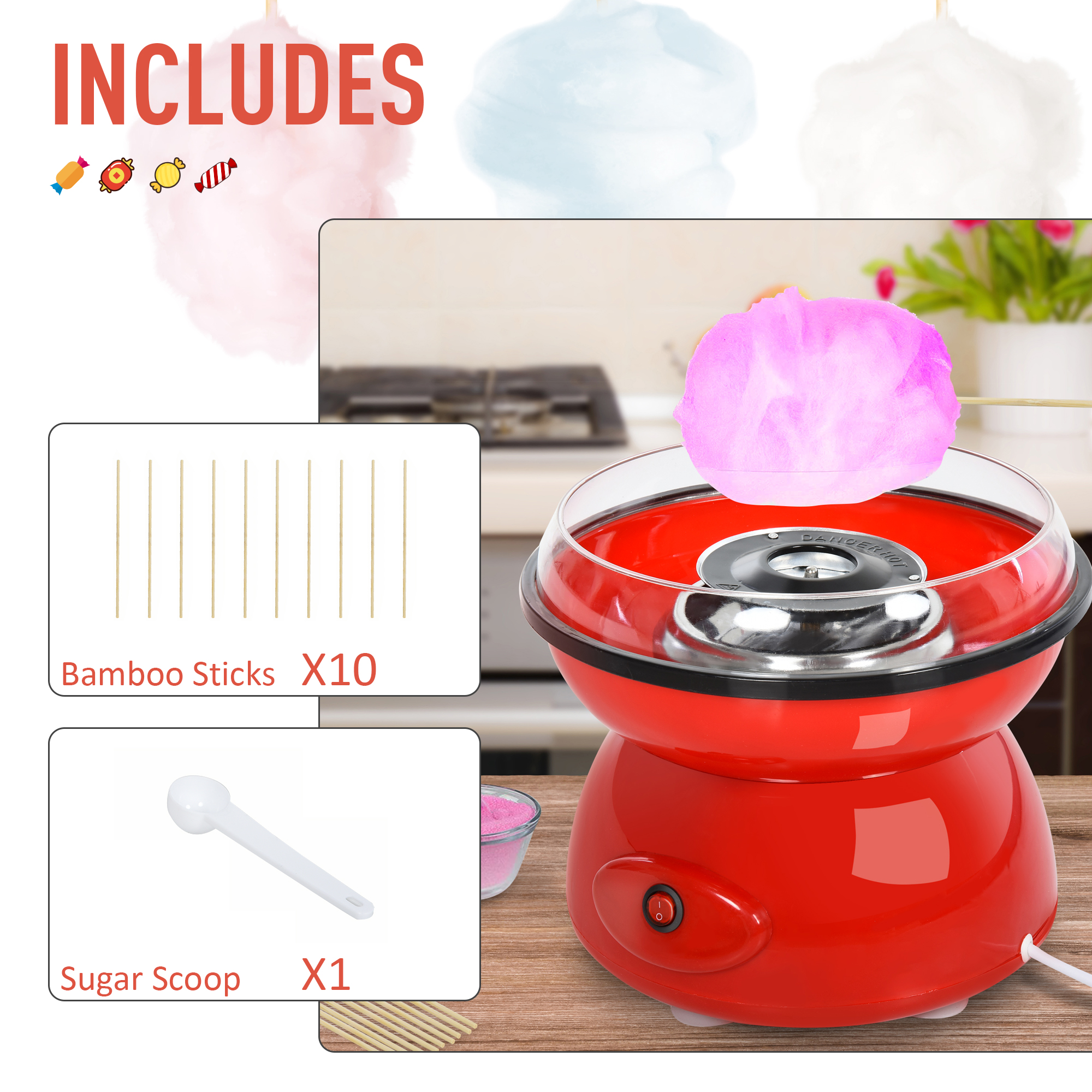 HOMCOM 450W Electric Candyfloss Machine Kit Non-Stick Plates Fairground Fun Children Adult Party Gift Home Sweet Metal Body w/ Accessories Red