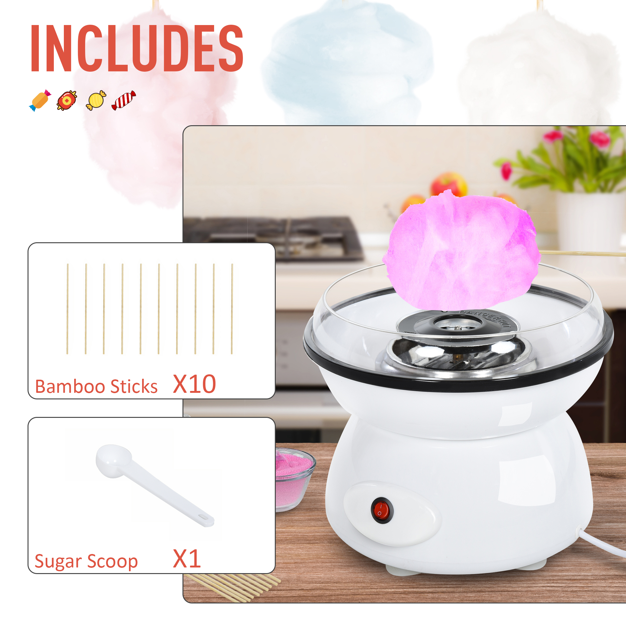 HOMCOM 450W Electric Candyfloss Machine Kit Non-Stick Plates Fairground Fun Children Adult Party Gift Home Sweet Metal Body w/ Accessories White