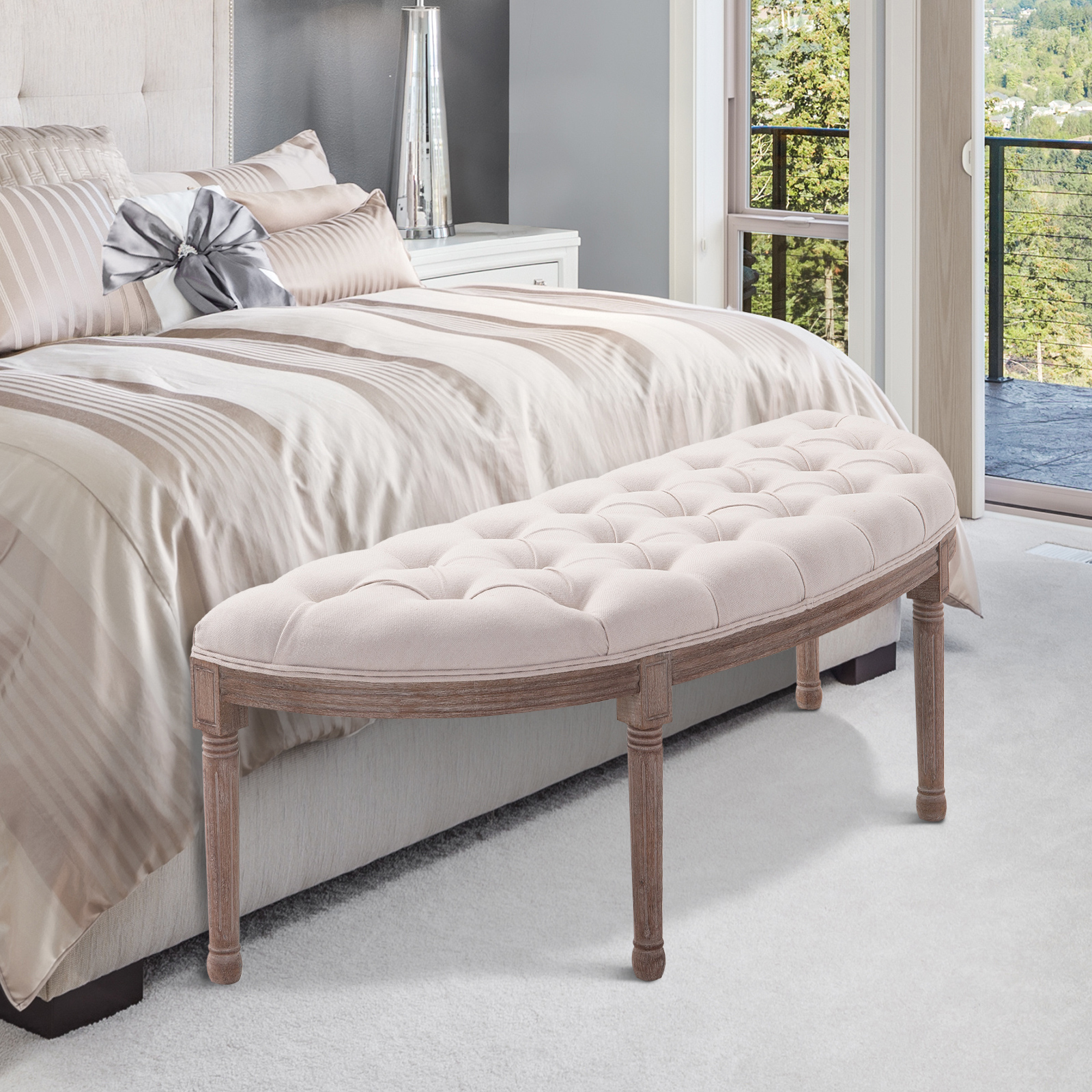 HOMCOM Ottoman Footstool, Half-Circle End Bench with Tufted Padded Seat and Brushed Wood Base, Antique Accents, Cream White