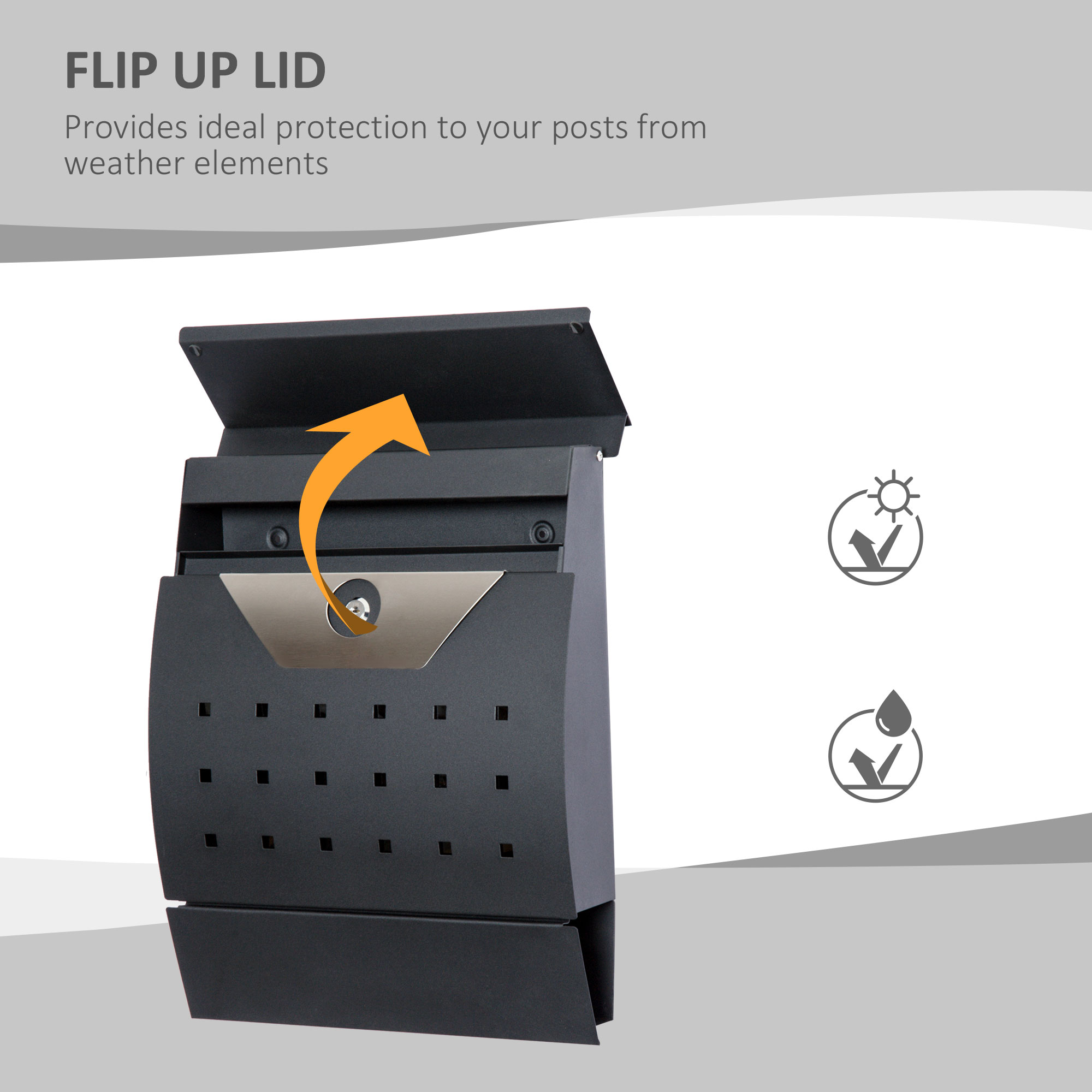 HOMCOM Steel Wall Mounted Mail Box Post Letter Newspaper Holder Outdoor Lockable with Waterproof  Lid -  Black