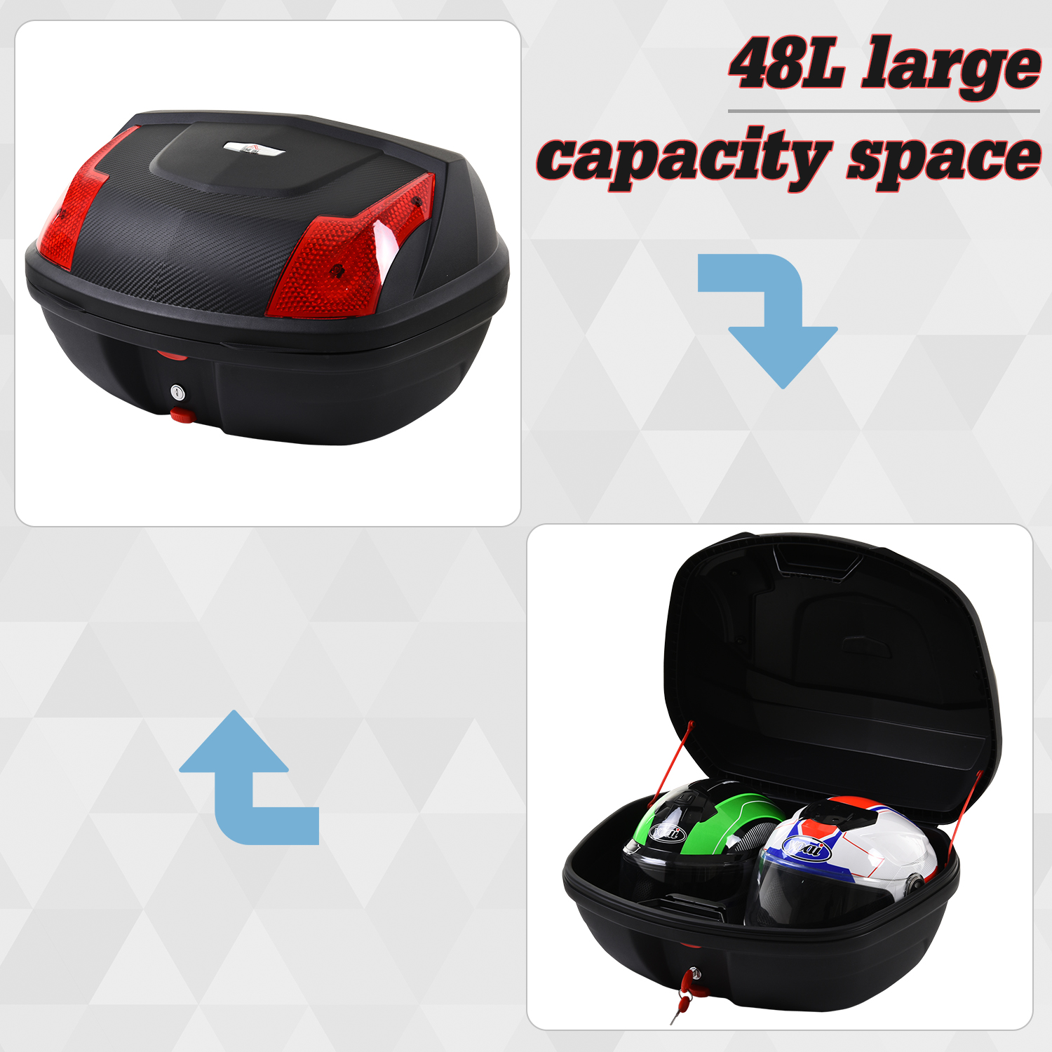 HOMCOM 48L Motorcycle Trunk, Modern Tough Style Travel Luggage Storage Box, Secure Accessory, Black