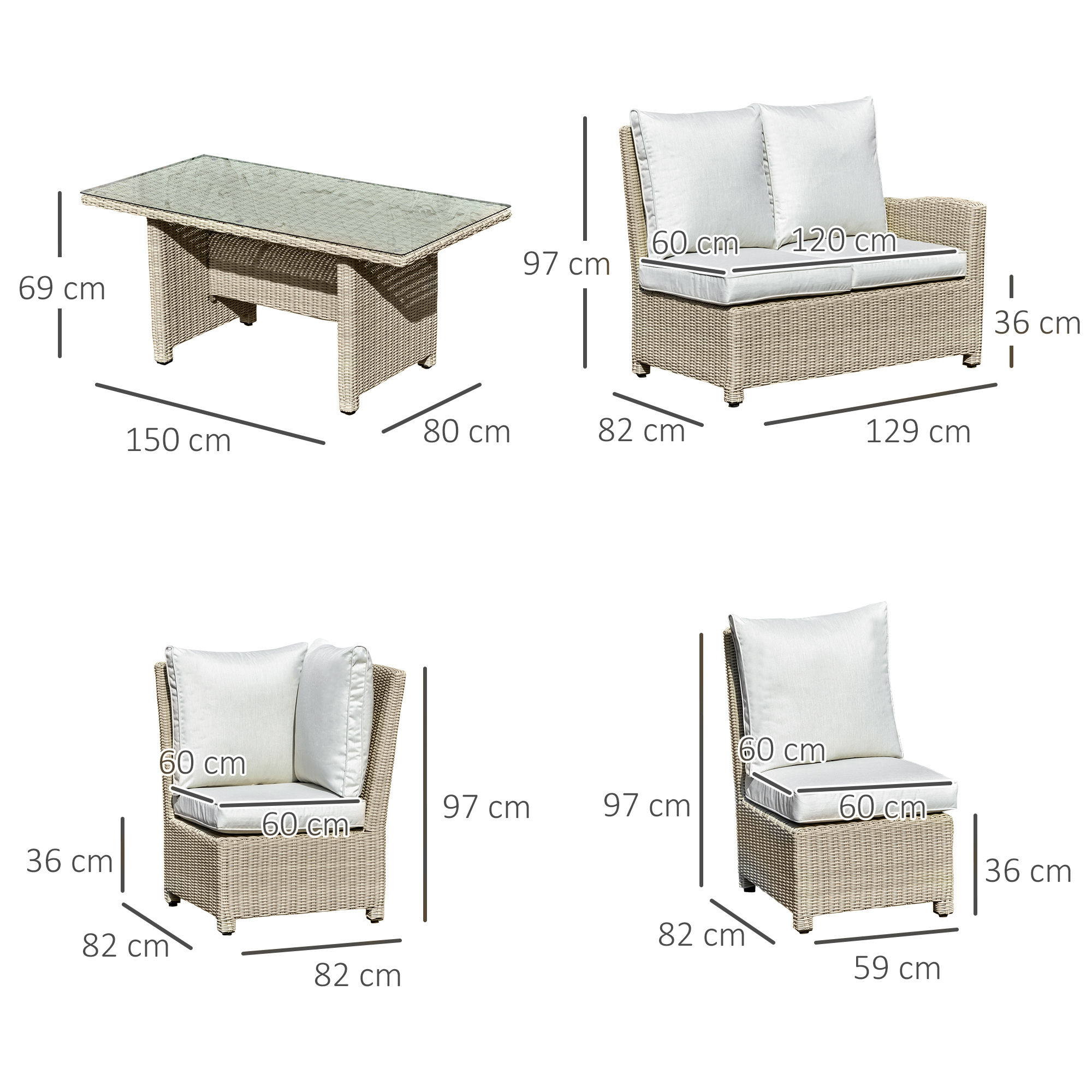 Outsunny 6-Seater Reclining PE Rattan Garden Dining Set Patio Furniture w/Sofa Chairs Glass Table Cushions Adjustable Feet Stylish Lounge Conversation