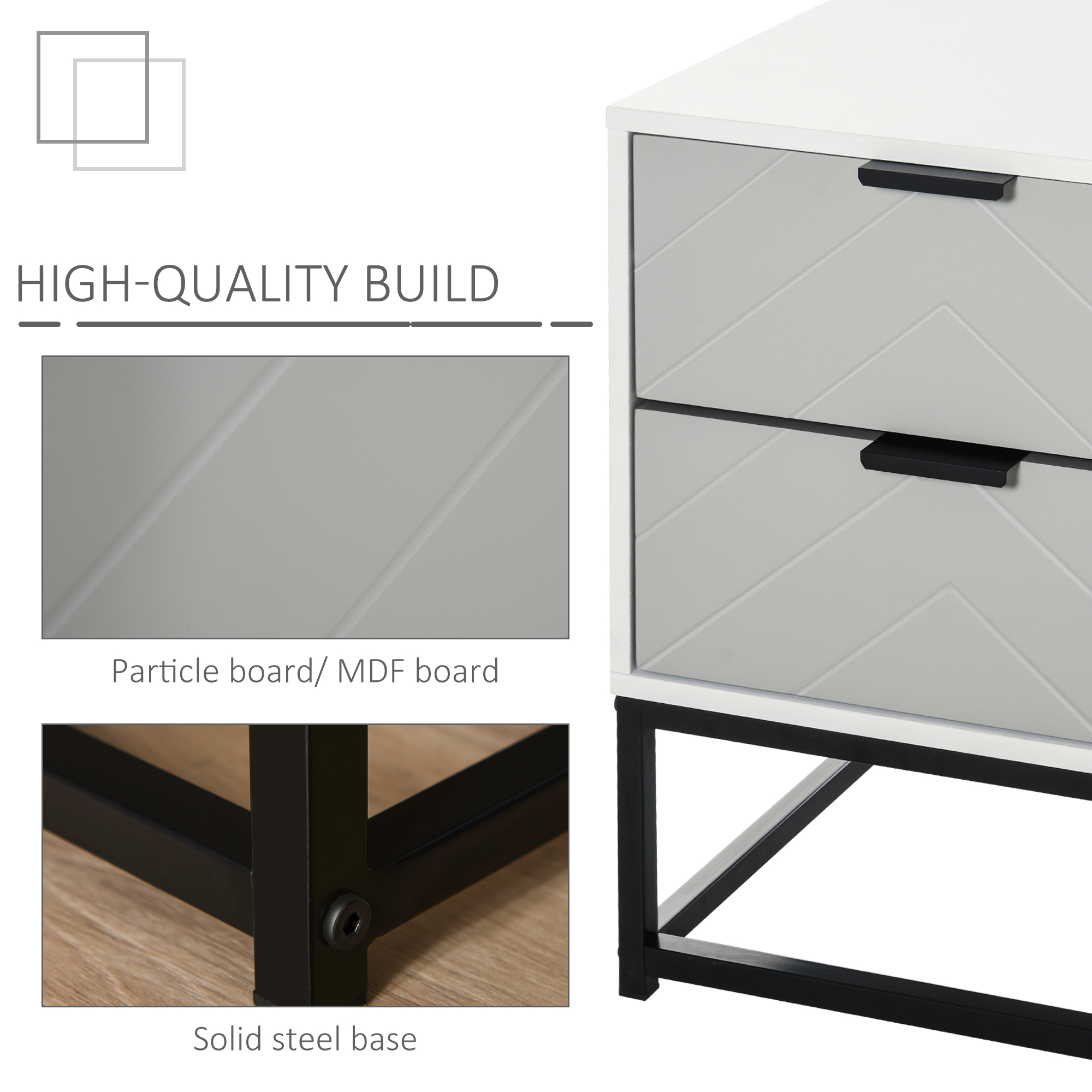 HOMCOM Bedside Cabinet, 2 Drawer Storage Unit with Unique Shape & Metal Base, Nightstand for Bedroom, Living Room, Study Room, Dorm