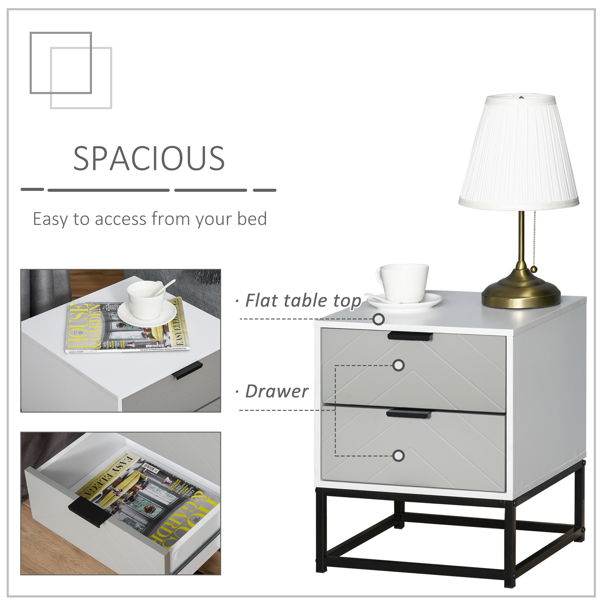 HOMCOM Bedside Cabinet, 2 Drawer Storage Unit with Unique Shape & Metal Base, Nightstand for Bedroom, Living Room, Study Room, Dorm