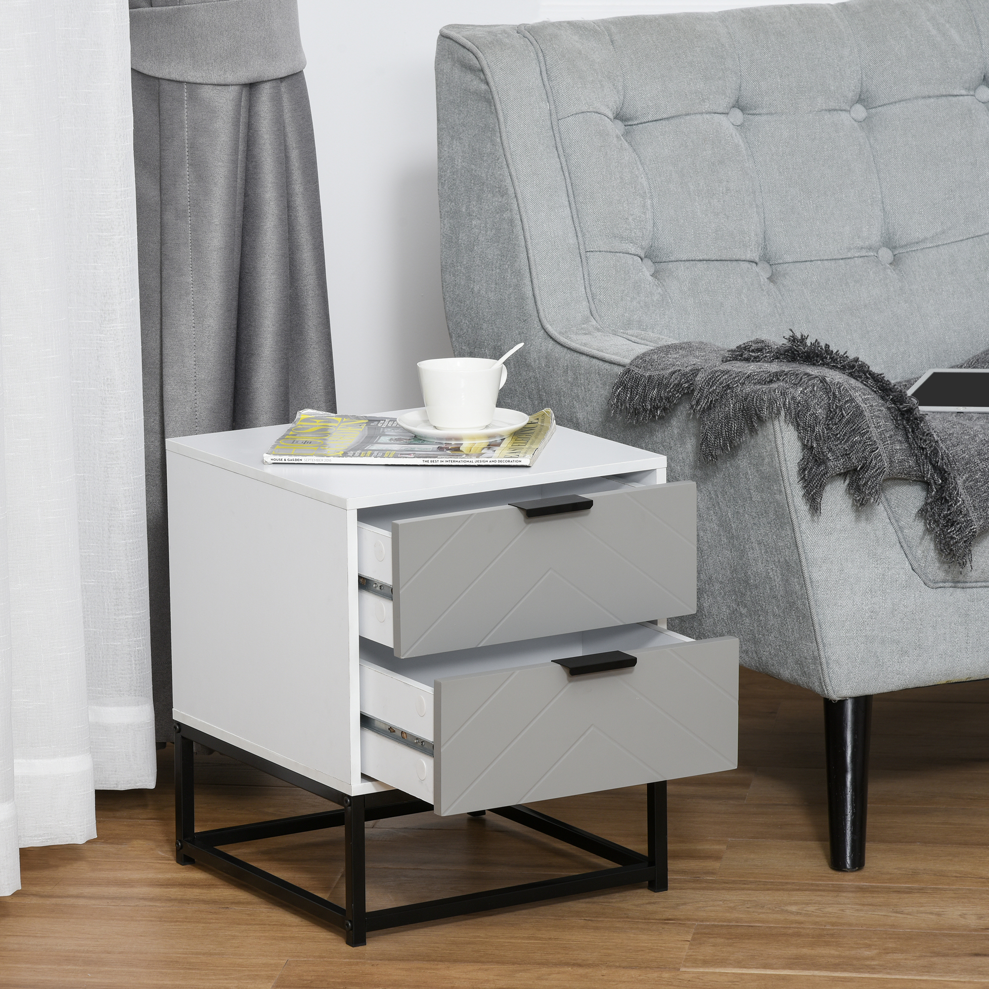 HOMCOM Bedside Cabinet, 2 Drawer Storage Unit with Unique Shape & Metal Base, Nightstand for Bedroom, Living Room, Study Room, Dorm