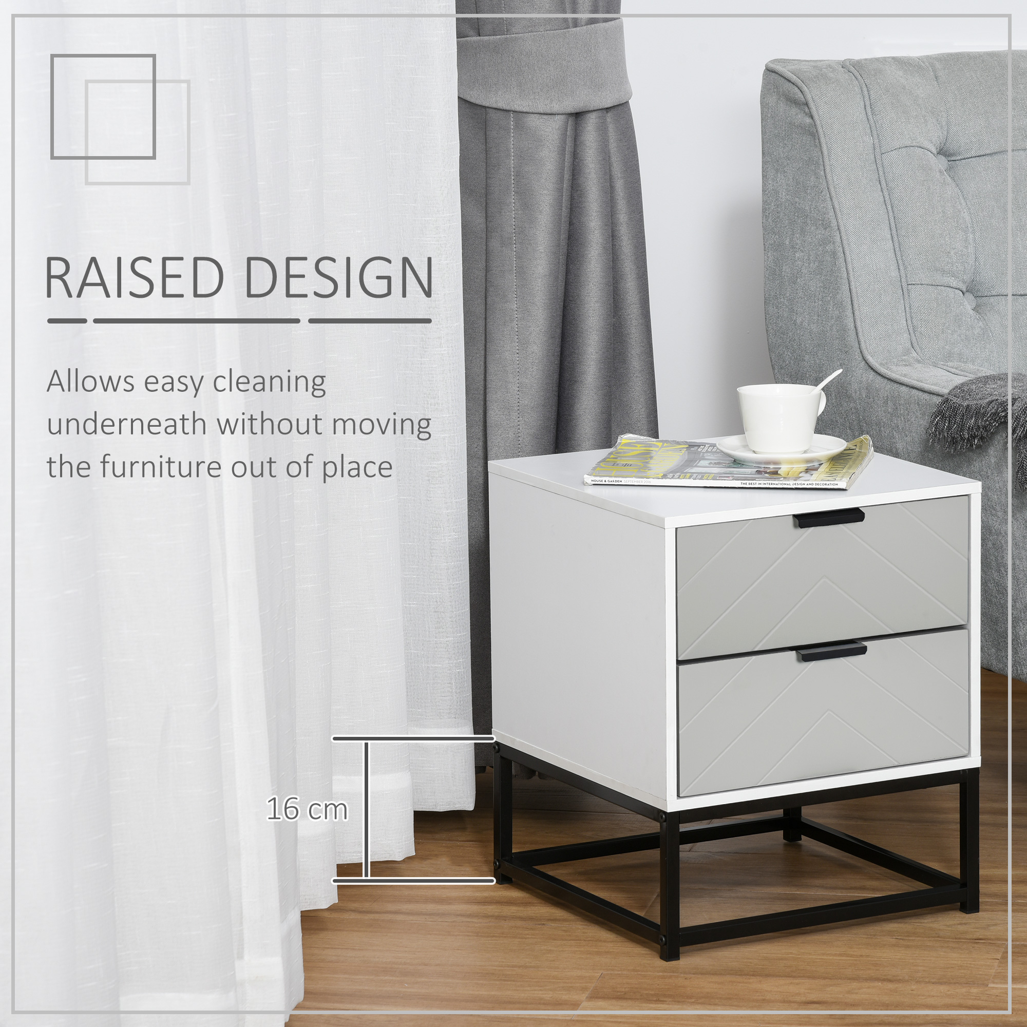 HOMCOM Bedside Cabinet, 2 Drawer Storage Unit with Unique Shape & Metal Base, Nightstand for Bedroom, Living Room, Study Room, Dorm