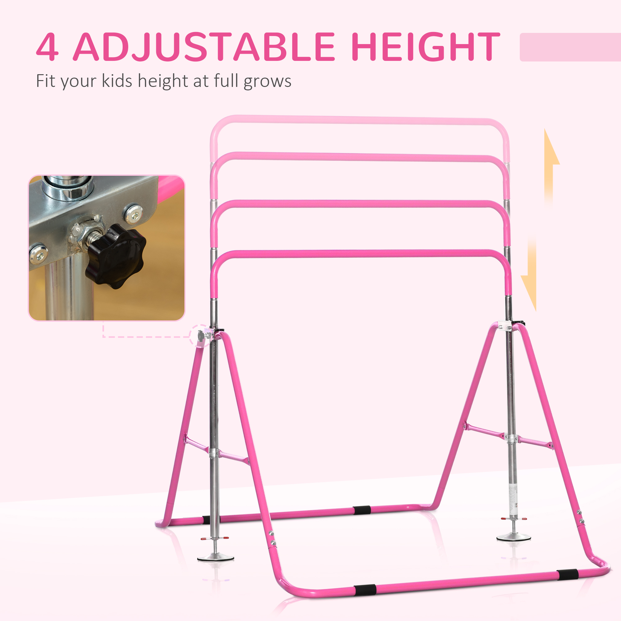 HOMCOM Folding Gymnastics Bar for Children, Adjustable Height Horizontal Bar with Sturdy Triangle Base, Home Training Equipment, Pink