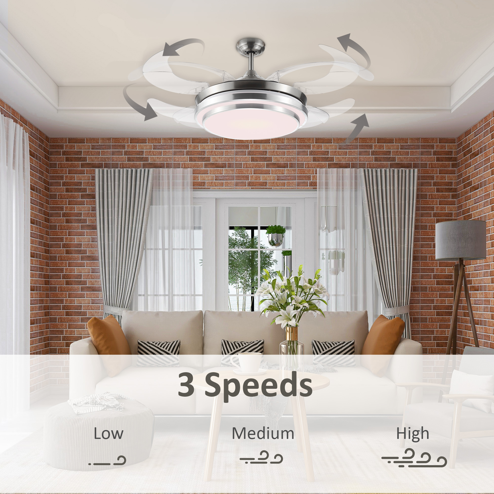 HOMCOM Indoor Ceiling Fan with Light, Retractable Blades, Modern Mount Dimmable LED Lighting Fan with Remote Controller, for Bedroom, Living Room