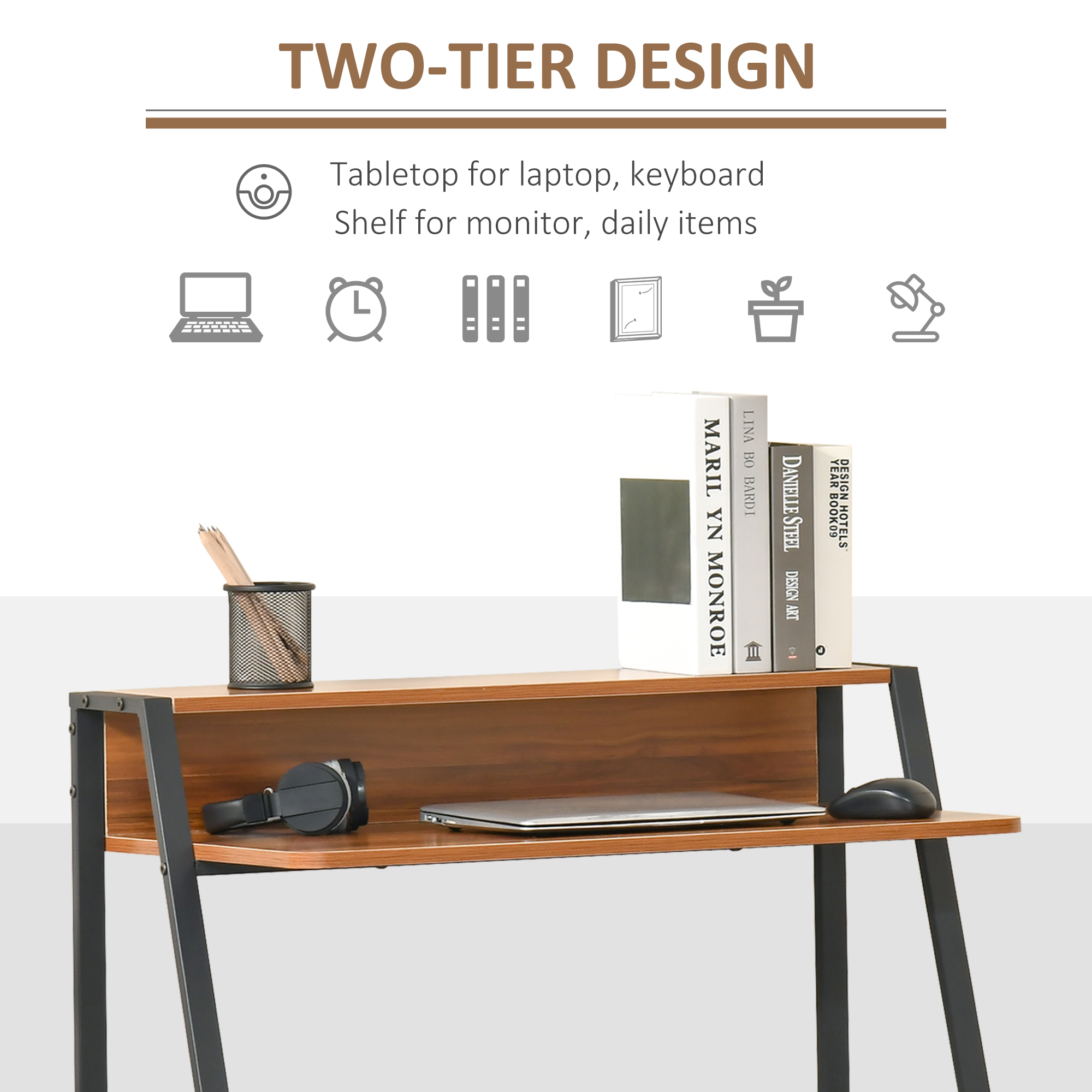 HOMCOM Two-Tier Computer Desk, Home Office Writing Study Table with Storage Shelf, PC Laptop Desk Gaming Workstation, Walnut