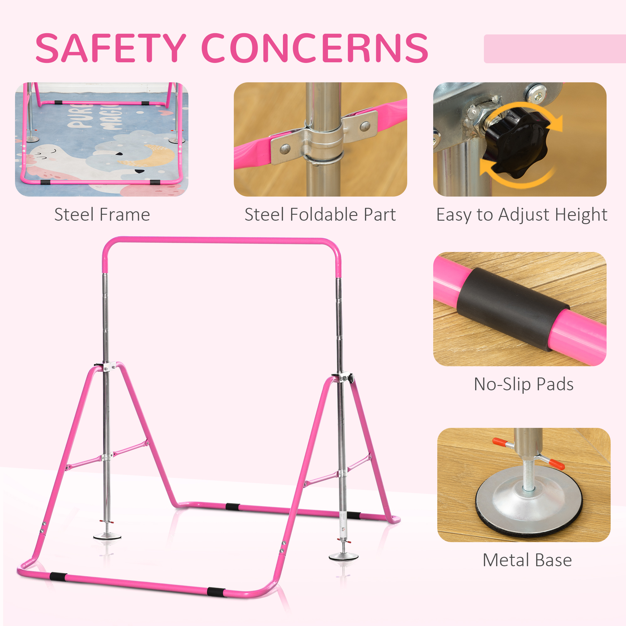 HOMCOM Folding Gymnastics Bar for Children, Adjustable Height Horizontal Bar with Sturdy Triangle Base, Home Training Equipment, Pink