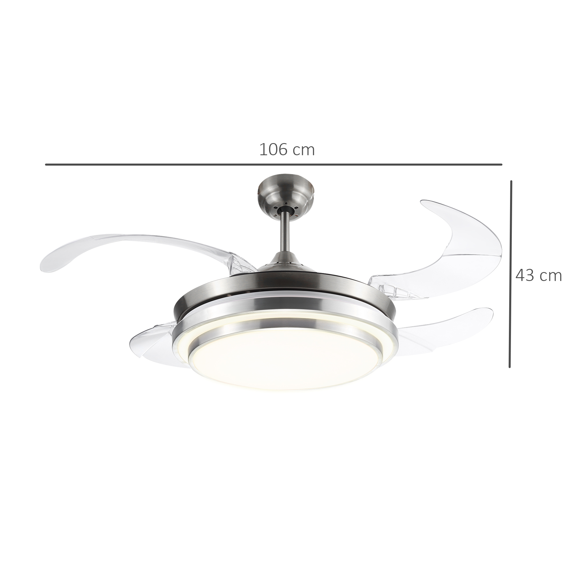 HOMCOM Indoor Ceiling Fan with Light, Retractable Blades, Modern Mount Dimmable LED Lighting Fan with Remote Controller, for Bedroom, Living Room