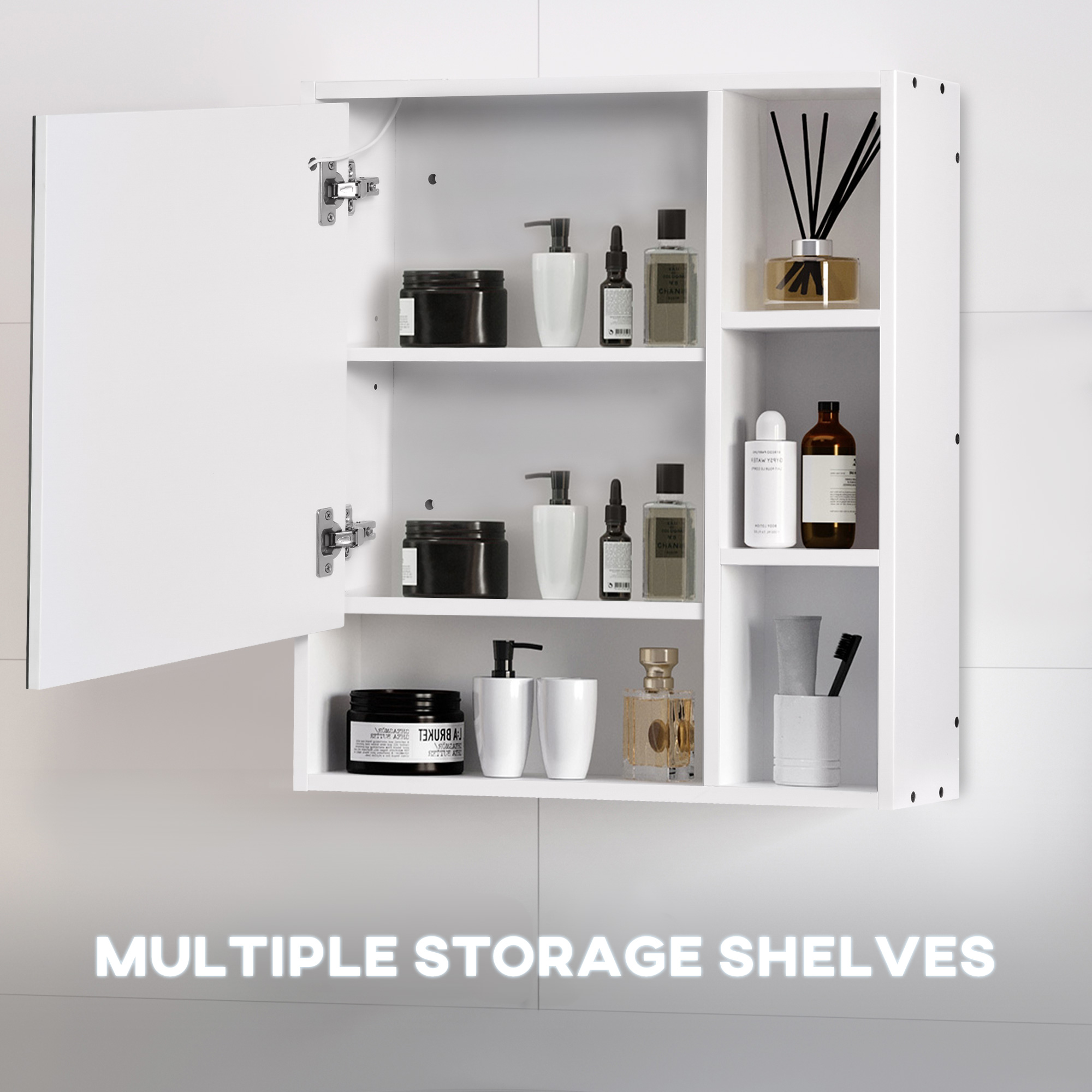 kleankin LED Illuminated Bathroom Mirror Cabinet, Wall-mounted Storage Organizer with Four Open Shelves, Dimmable Touch Switch, White