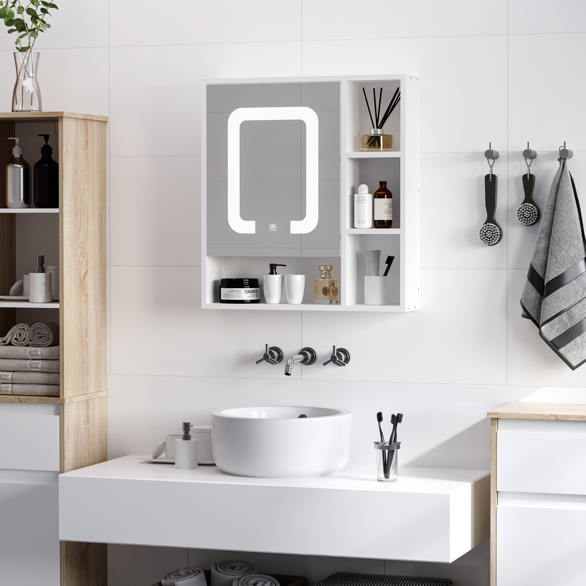 kleankin LED Illuminated Bathroom Mirror Cabinet, Wall-mounted Storage Organizer with Four Open Shelves, Dimmable Touch Switch, White