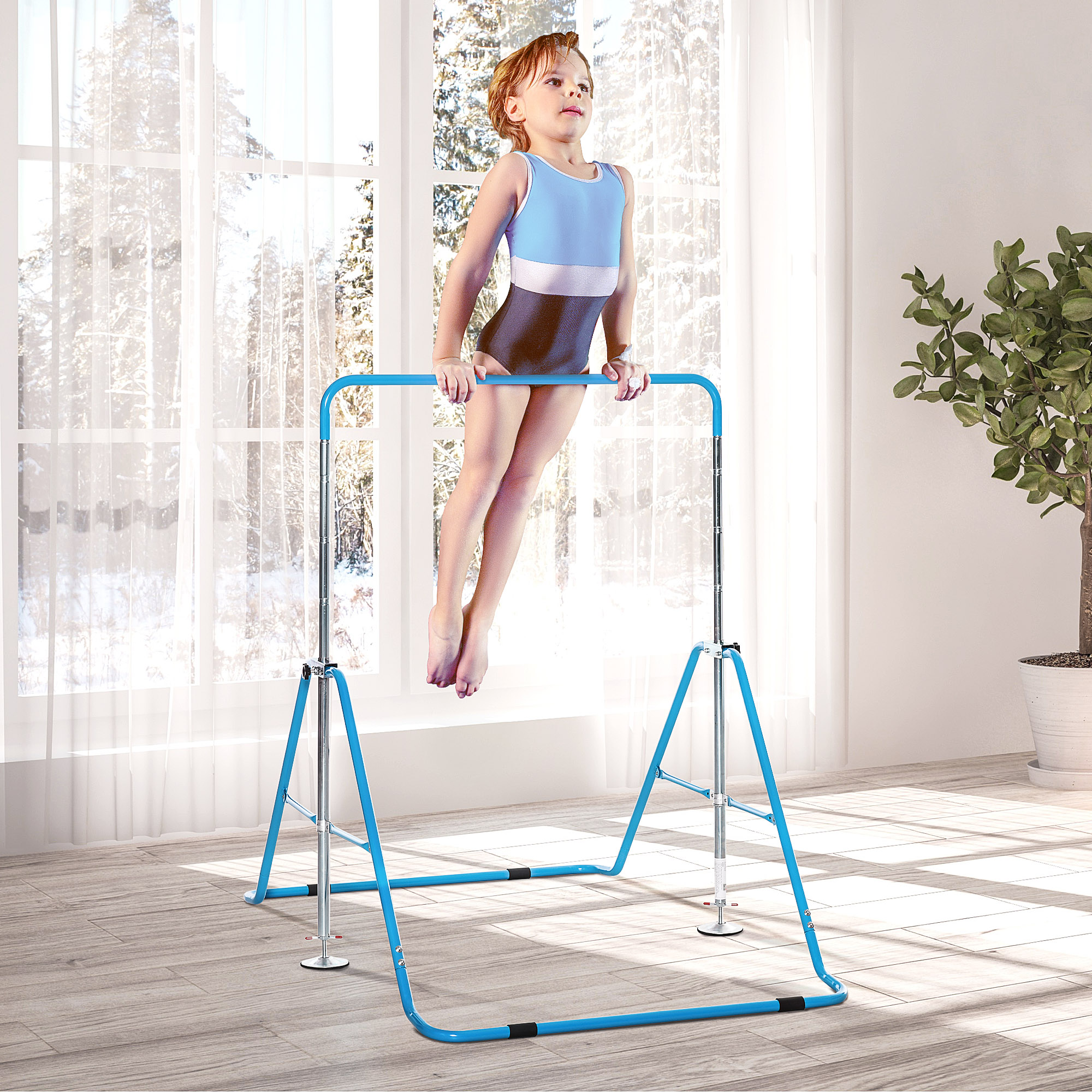 HOMCOM Gymnastics Bar for Kids, Folding Horizontal Bars with Adjustable Height, Training Bar with Triangle Base, Blue