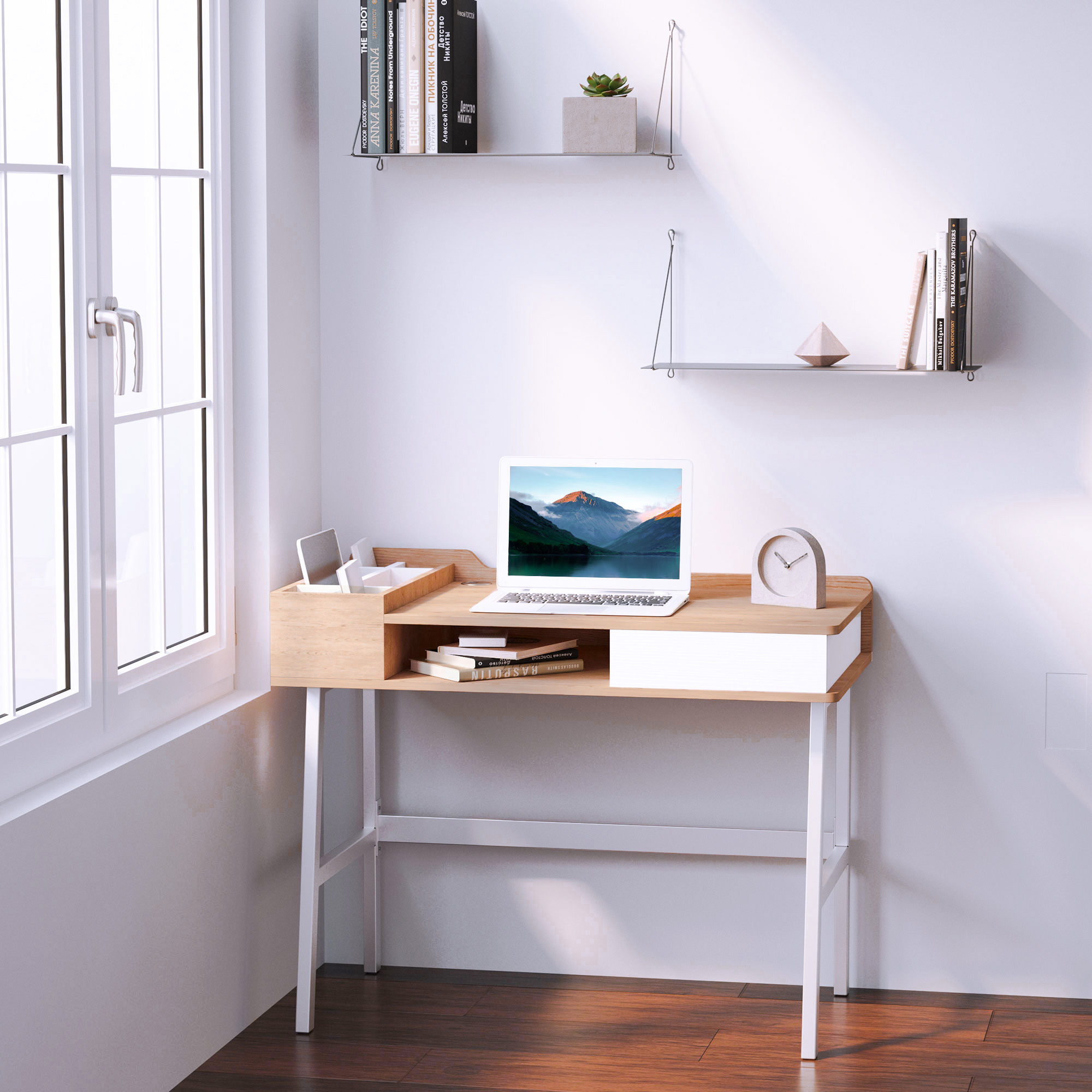 HOMCOM Writing Desk, Computer Workstation with Drawer, Storage Compartments, Cable Management, Metal Frame, Oak and White