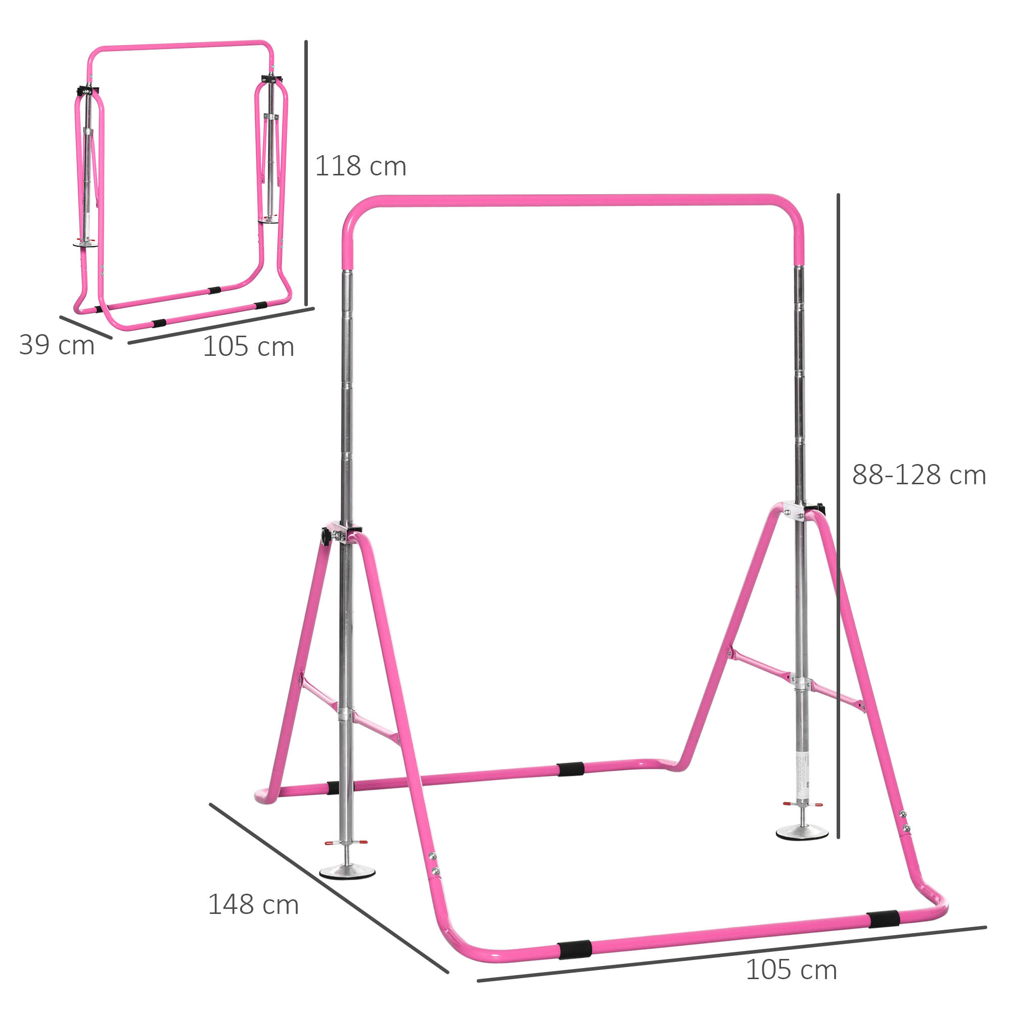 HOMCOM Folding Gymnastics Bar for Children, Adjustable Height Horizontal Bar with Sturdy Triangle Base, Home Training Equipment, Pink