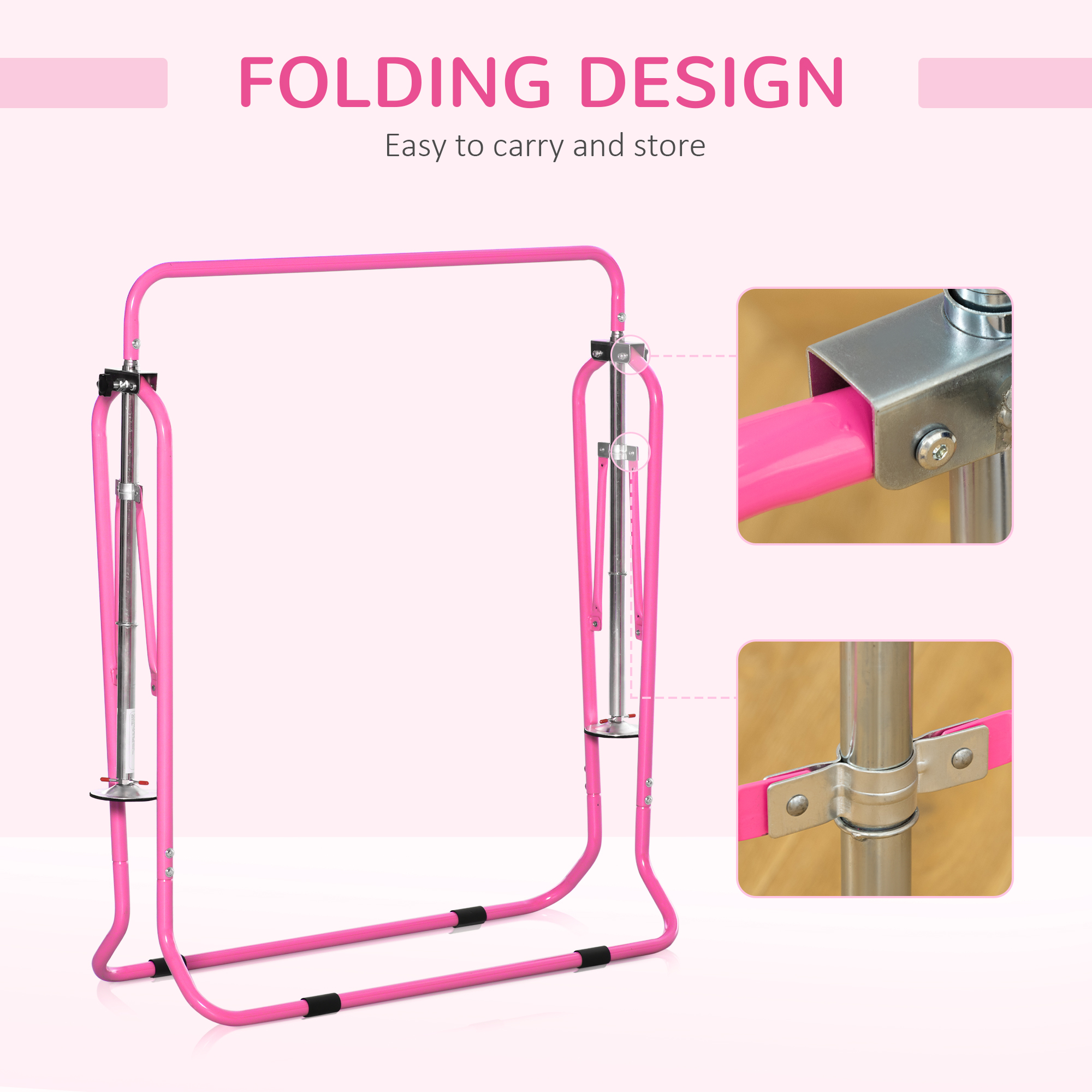 HOMCOM Folding Gymnastics Bar for Children, Adjustable Height Horizontal Bar with Sturdy Triangle Base, Home Training Equipment, Pink