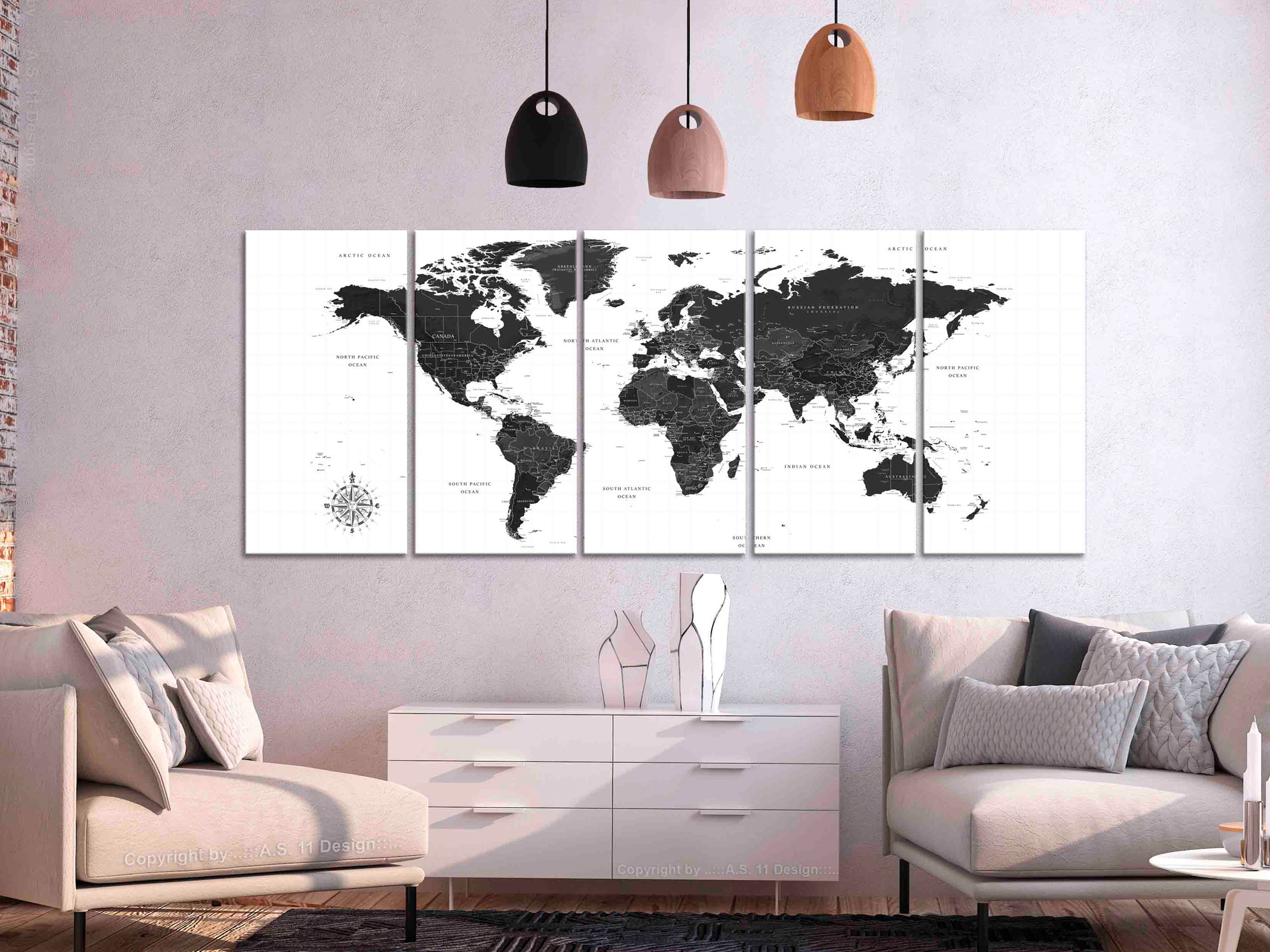 Quadro - Black and White Map (5 Parts) Narrow, 225x90