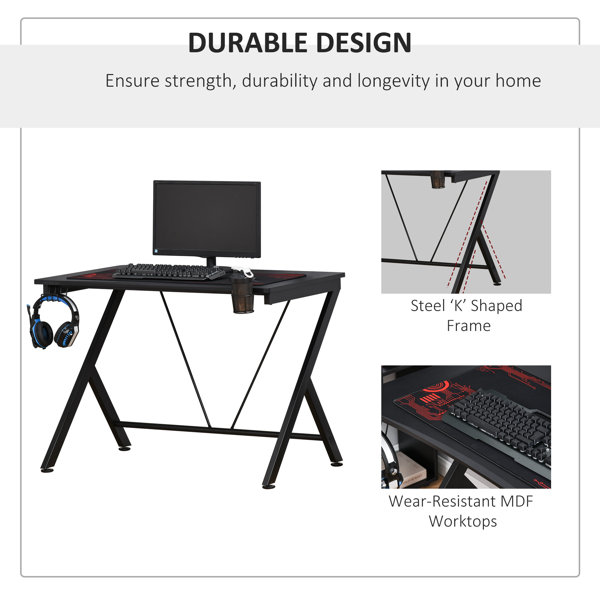 HOMCOM Gaming Desk Computer Table Metal Frame with Cup Holder, Headphone Hook, Cable Hole, Black