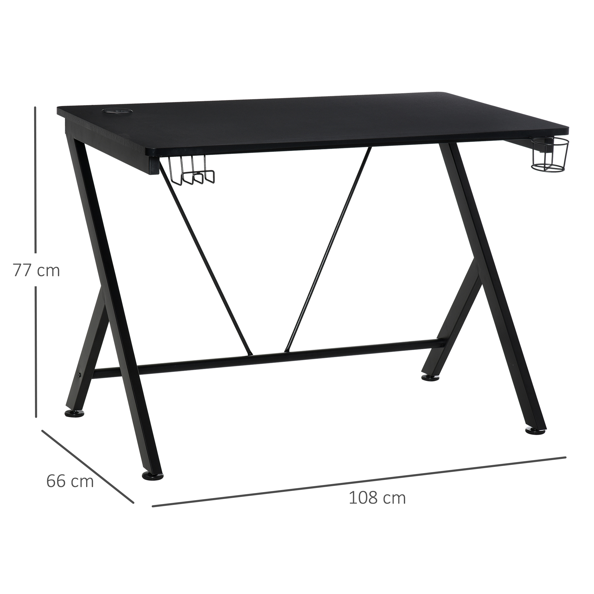 HOMCOM Gaming Desk Computer Table Metal Frame with Cup Holder, Headphone Hook, Cable Hole, Black