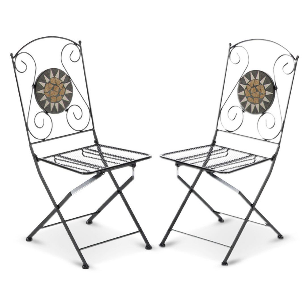 2 pz Sedia pieghevole richiudibile in ferro e mosaico per esterno Nero