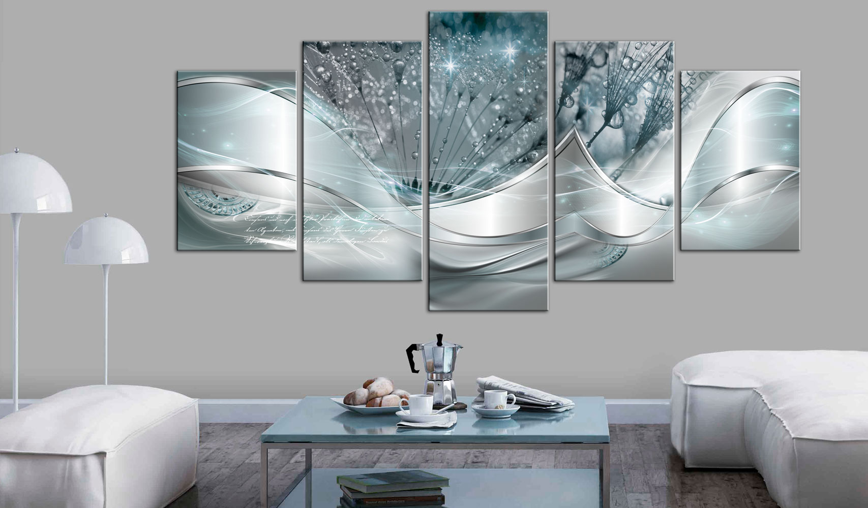 Quadro - Sparkling Dandelions (5 Parts) Blue Wide, 100x50