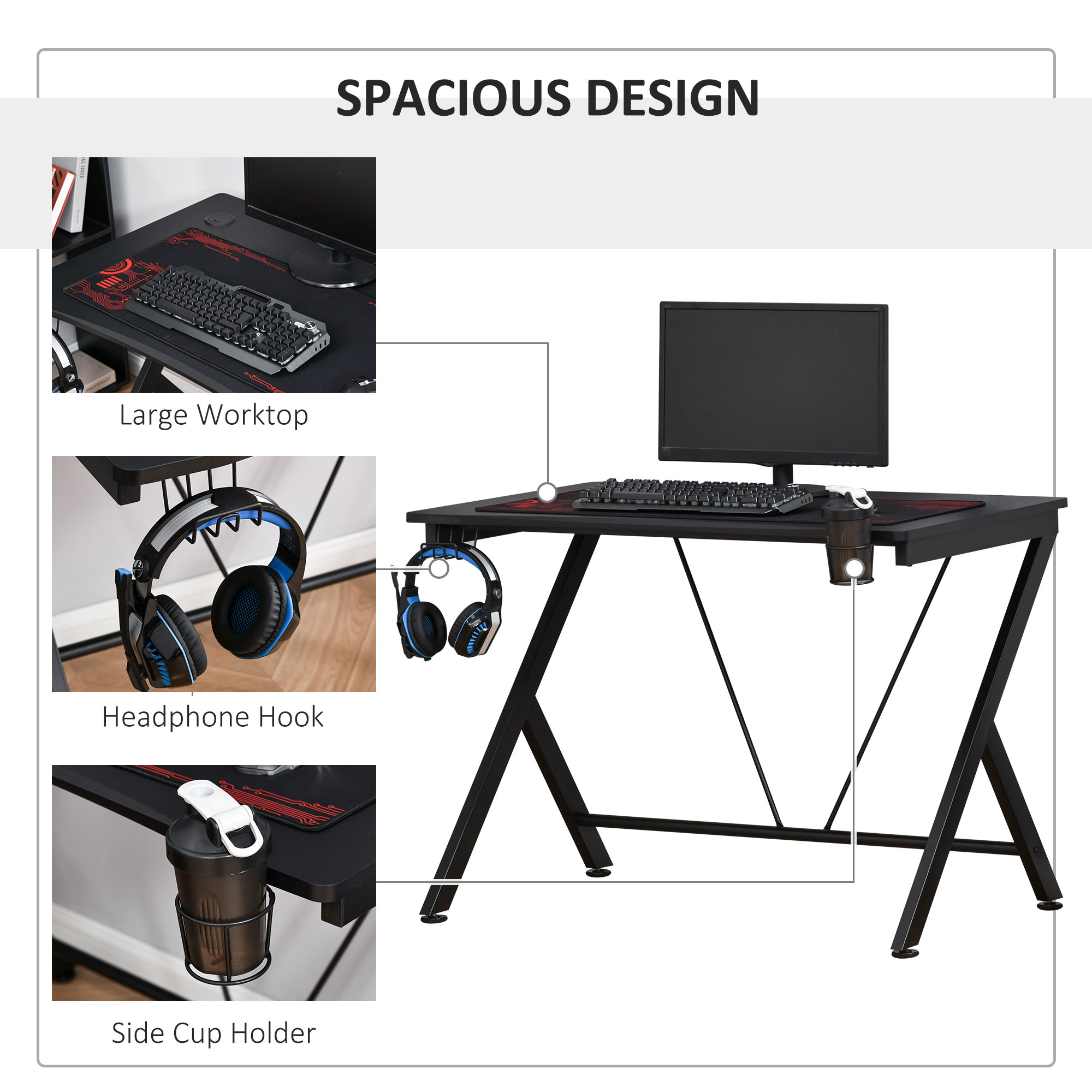 HOMCOM Gaming Desk Computer Table Metal Frame with Cup Holder, Headphone Hook, Cable Hole, Black