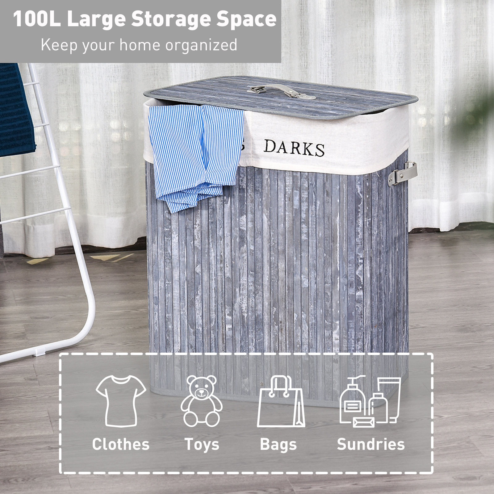 HOMCOM Wooden Laundry Hamper 100L, Collapsible Clothes Basket with Lid, Removable Liner, for Bedroom, Bathroom, 52x32x63cm, Grey