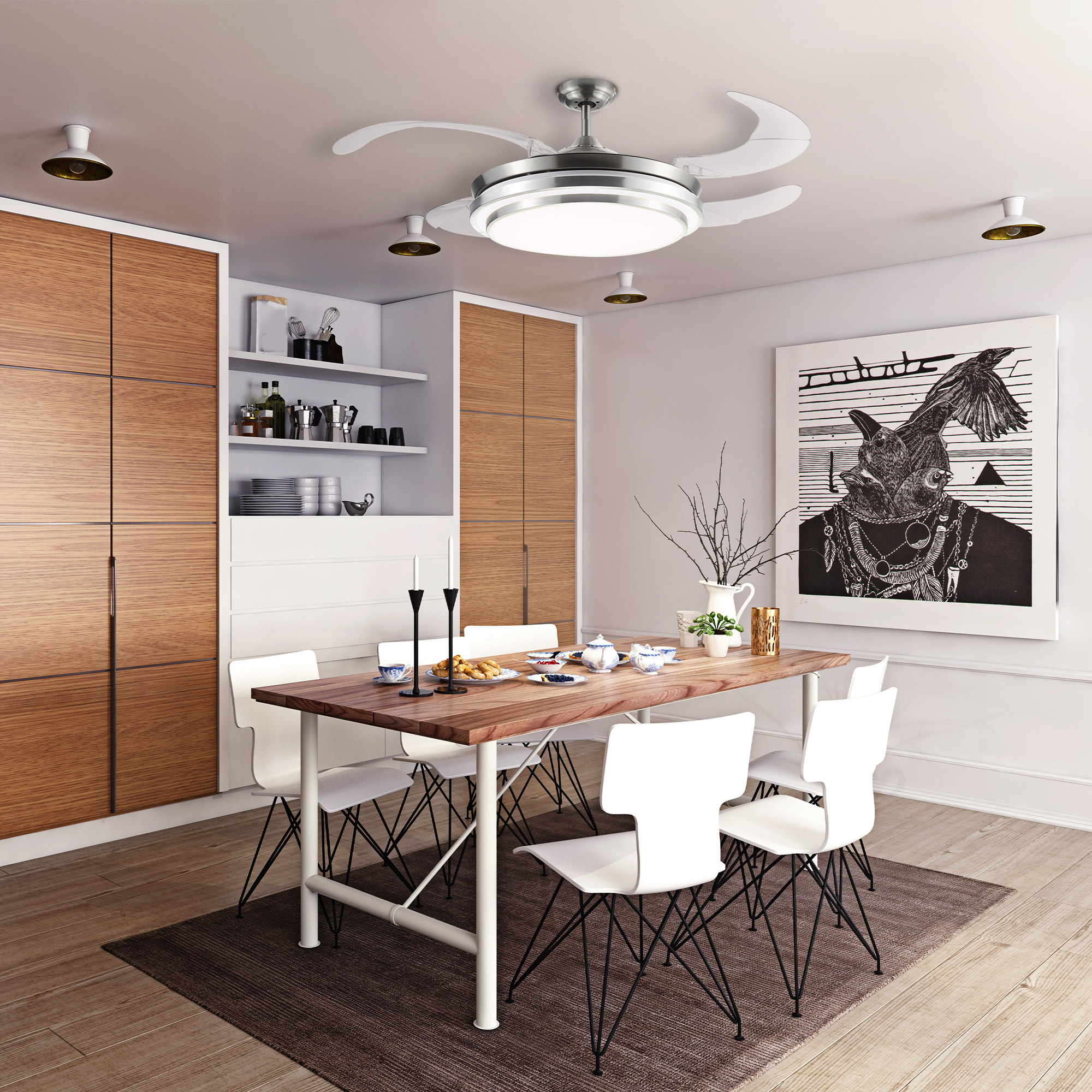 HOMCOM Indoor Ceiling Fan with Light, Retractable Blades, Modern Mount Dimmable LED Lighting Fan with Remote Controller, for Bedroom, Living Room
