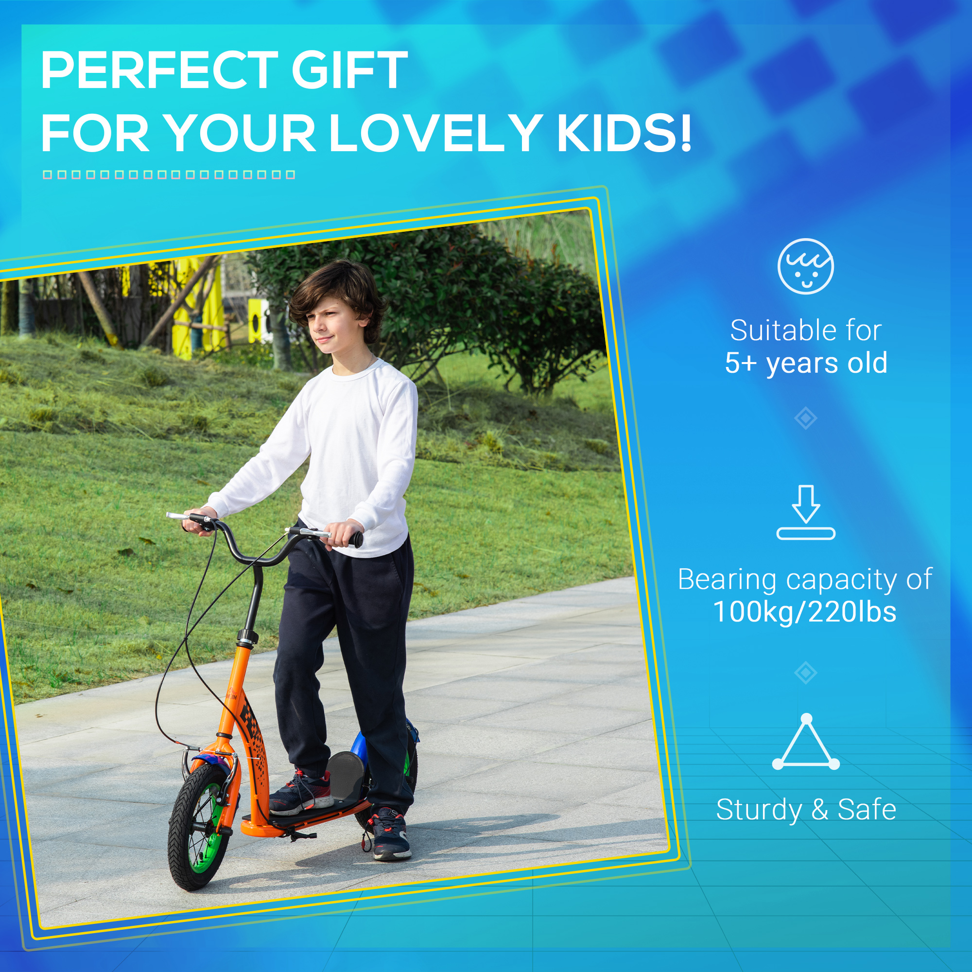 HOMCOM Kids Kick Scooter, Push Scooter, Adjustable Height, Front Rear Dual Brakes, 12-Inch Inflatable Rubber Wheels, for 5+ Years, Orange