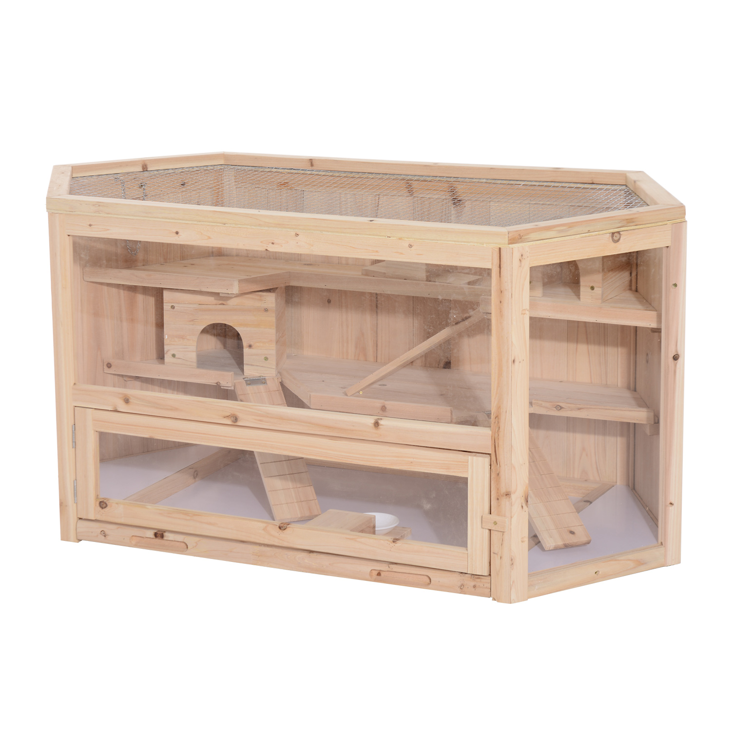 PawHut Jaula Madera para Hámster Ratoncillos Roedores Casa para Animales Pequeños 3 Niveles 115x60x55 cm