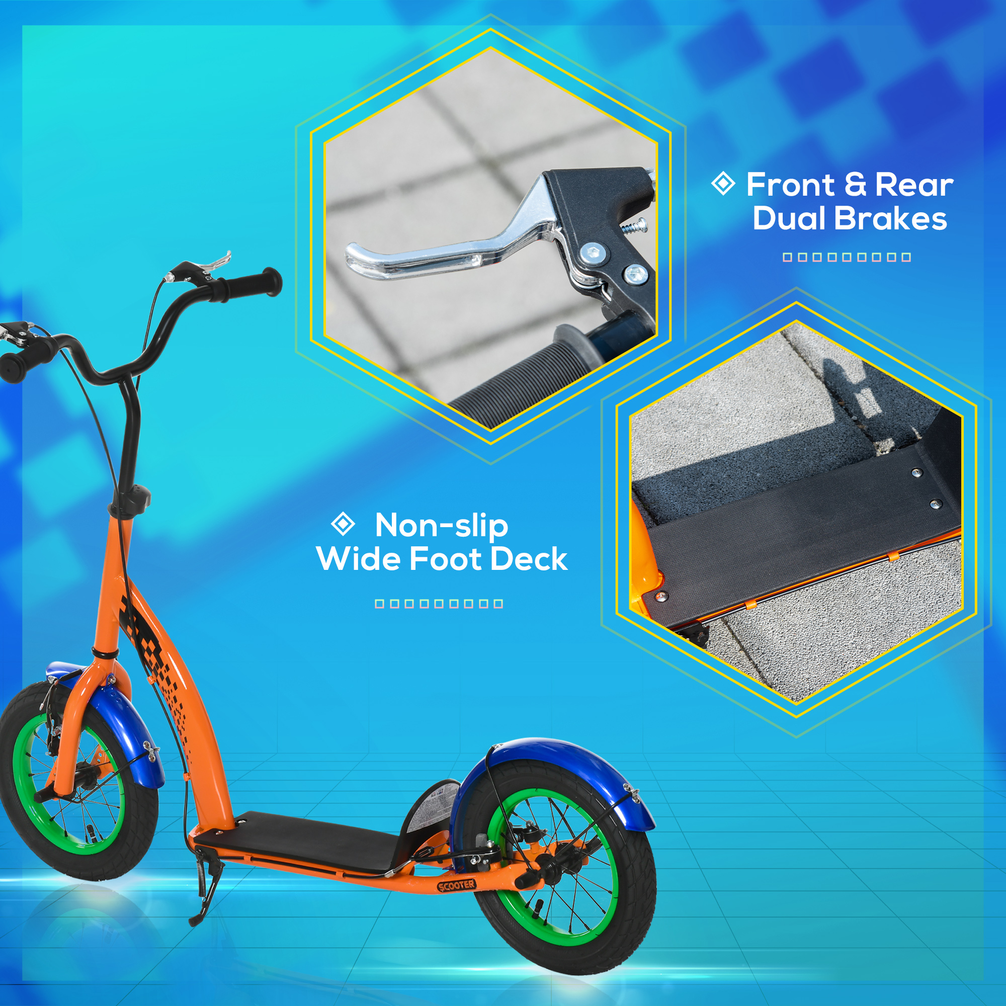 HOMCOM Kids Kick Scooter, Push Scooter, Adjustable Height, Front Rear Dual Brakes, 12-Inch Inflatable Rubber Wheels, for 5+ Years, Orange
