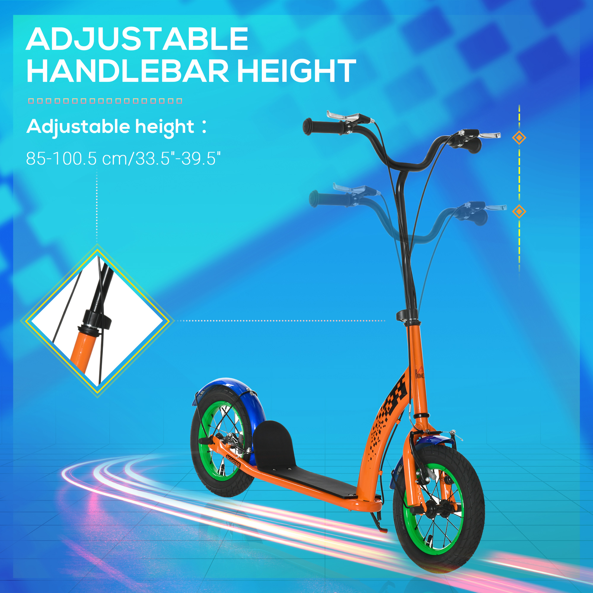 HOMCOM Kids Kick Scooter, Push Scooter, Adjustable Height, Front Rear Dual Brakes, 12-Inch Inflatable Rubber Wheels, for 5+ Years, Orange