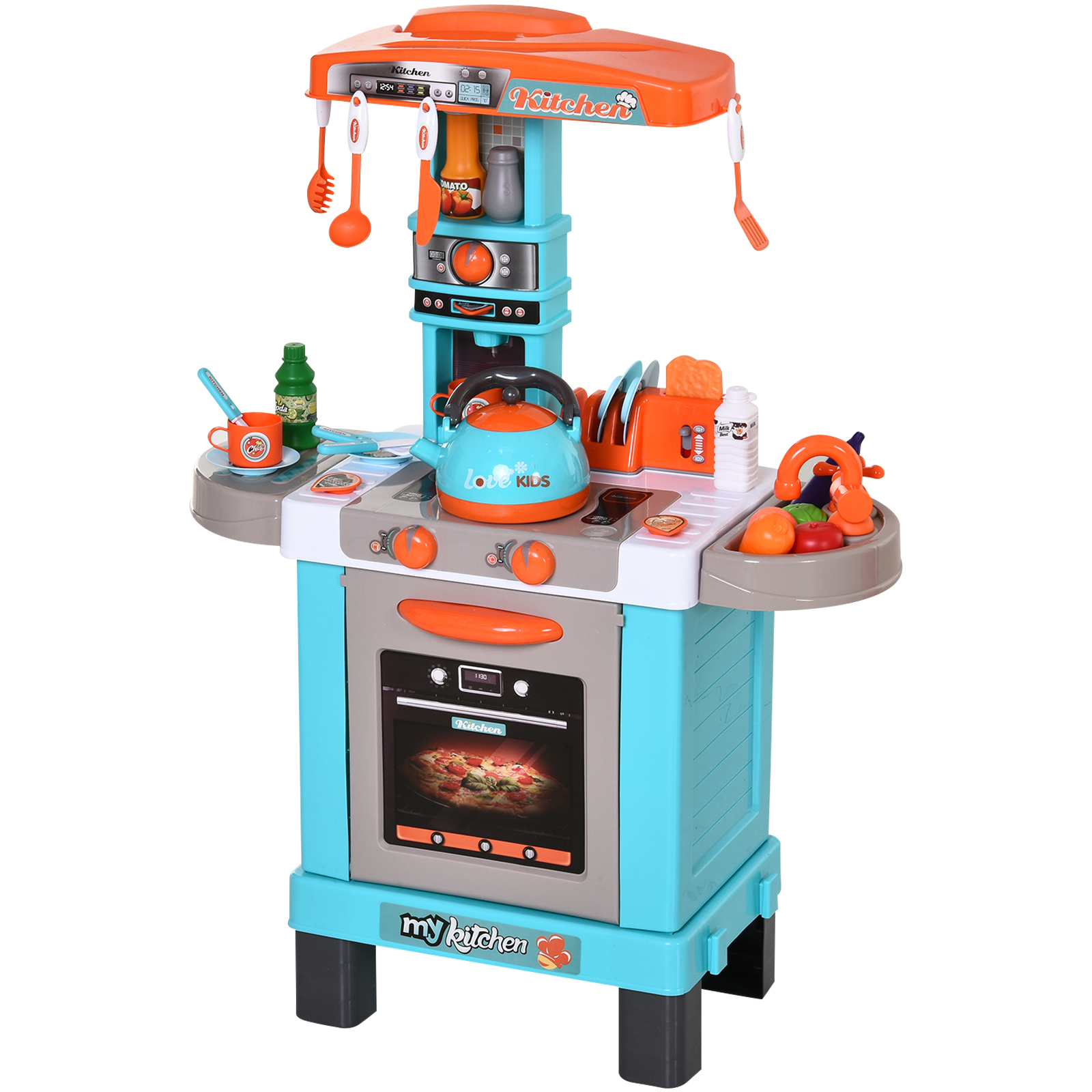 HOMCOM Set de Juguetes de Cocina para Niños Mayores de 3 Años Juegos de Rol Luces y Sonidos Educativo con 33 Accesorios Incluidos 64x29x87 cm Azul