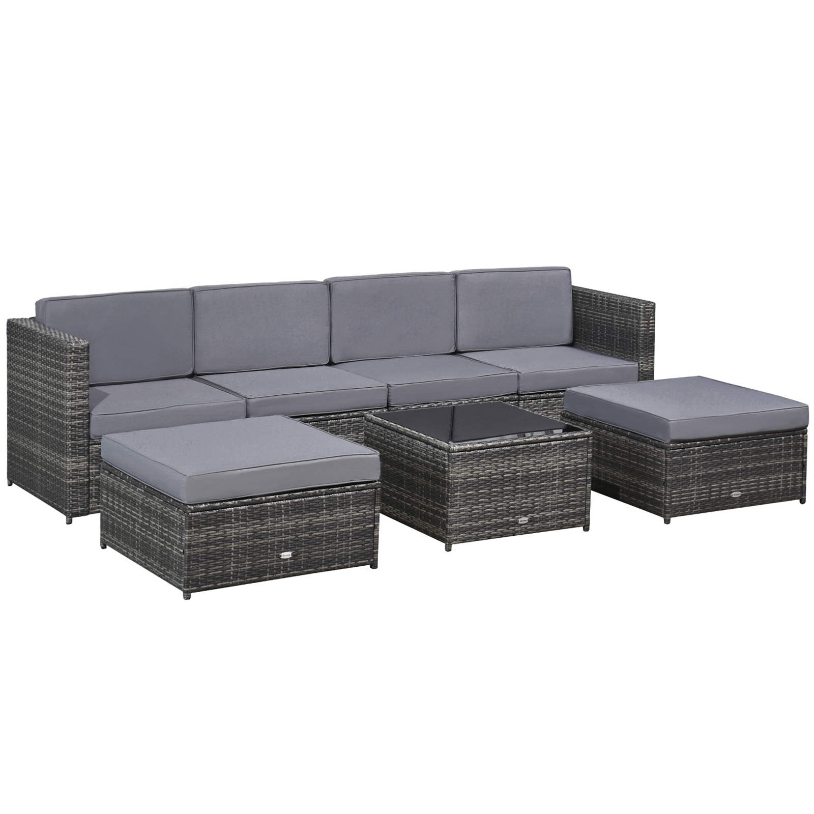 Outsunny Set Mobili da Giardino 7 Pezzi in Rattan e Acciaio, Salotto da Esterno con Tavolo, Poltrone e Pouf, Grigio