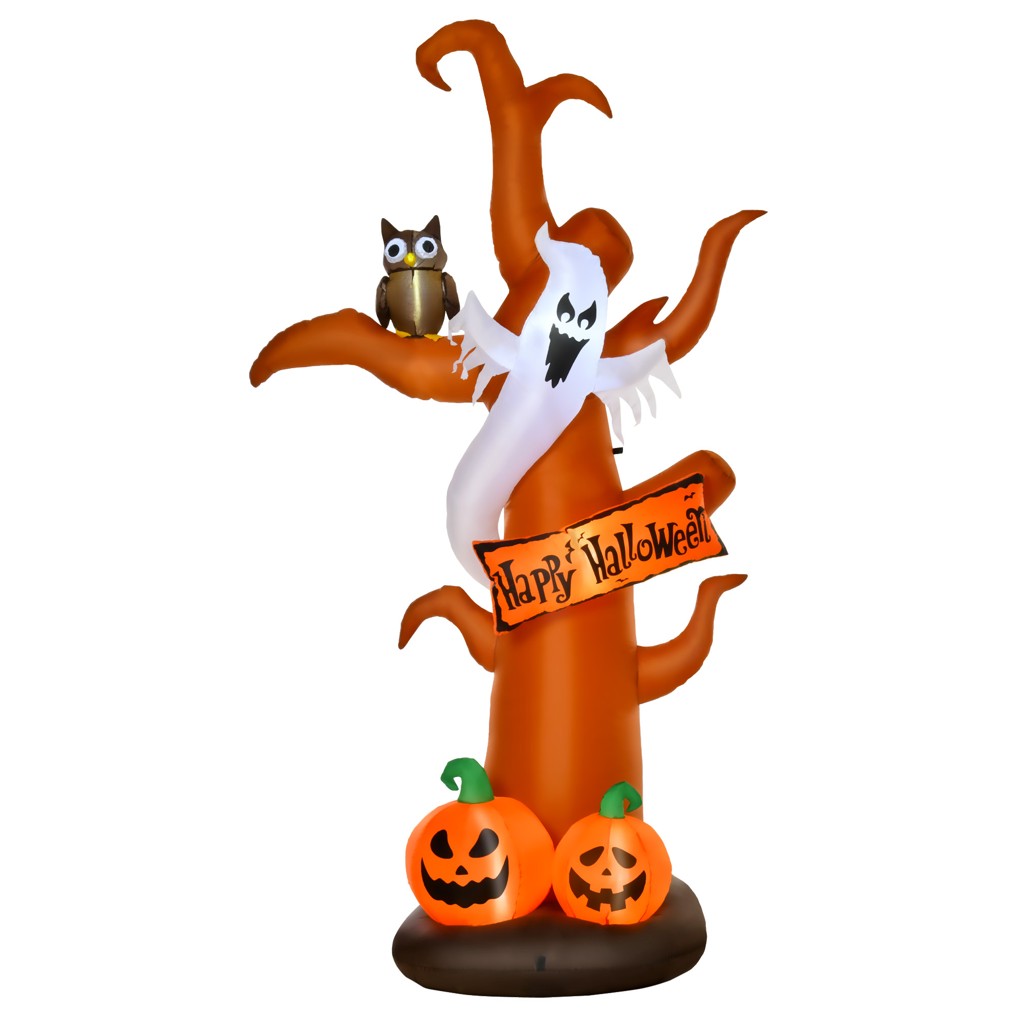 HOMCOM Addobbo Halloween Gonfiabile con Albero, Fantasma, Gufo e Zucche, Luci LED e Gonfiatore Integrato, 156x107x274cm, Marrone