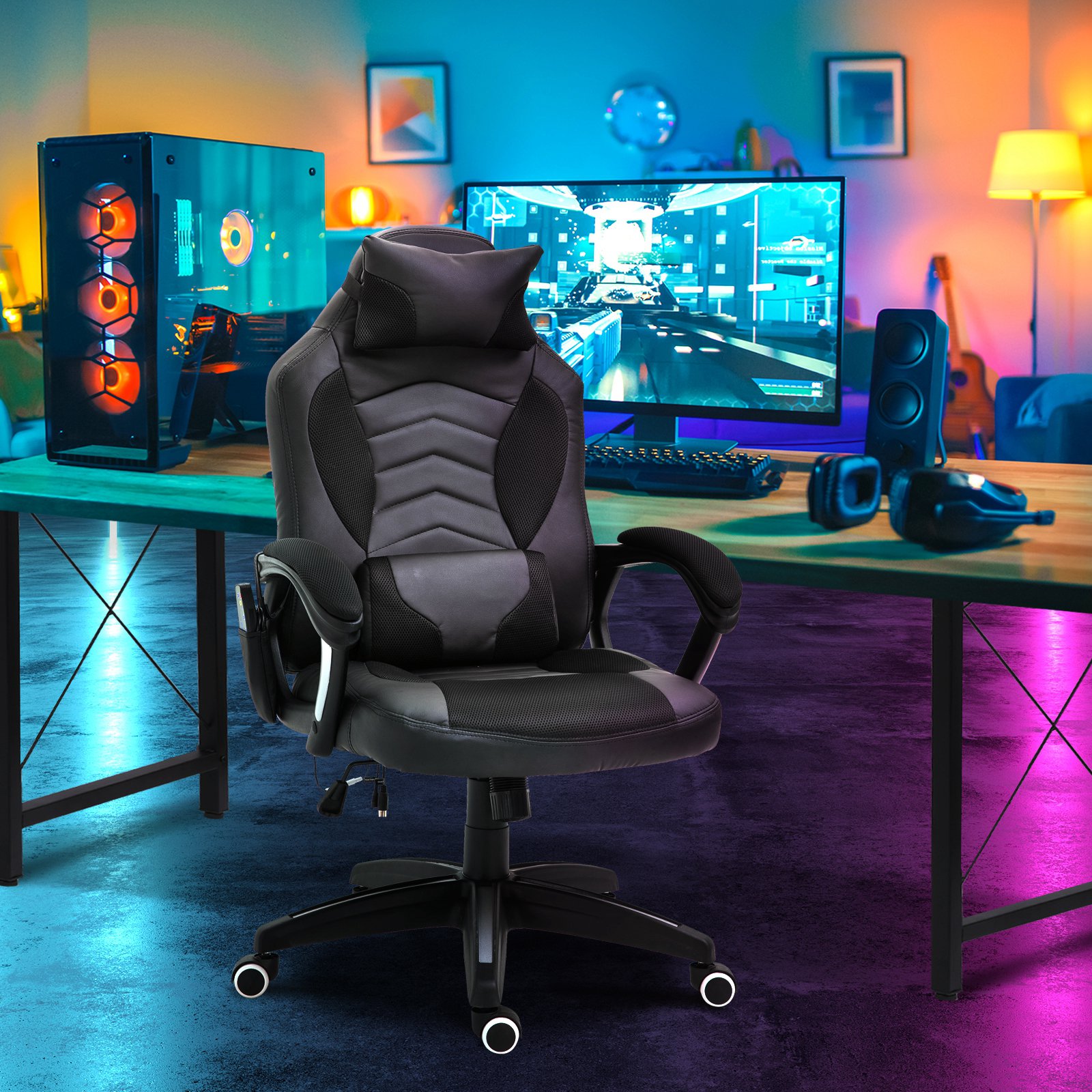 HOMCOM Sedia Poltrona da Ufficio Massaggiante e Riscaldante Design  Ergonomico Reclinabile Ecopelle 68L×69P×(108-117)Acm Nera Riscaldante,  imbottitura | AOSOM.it