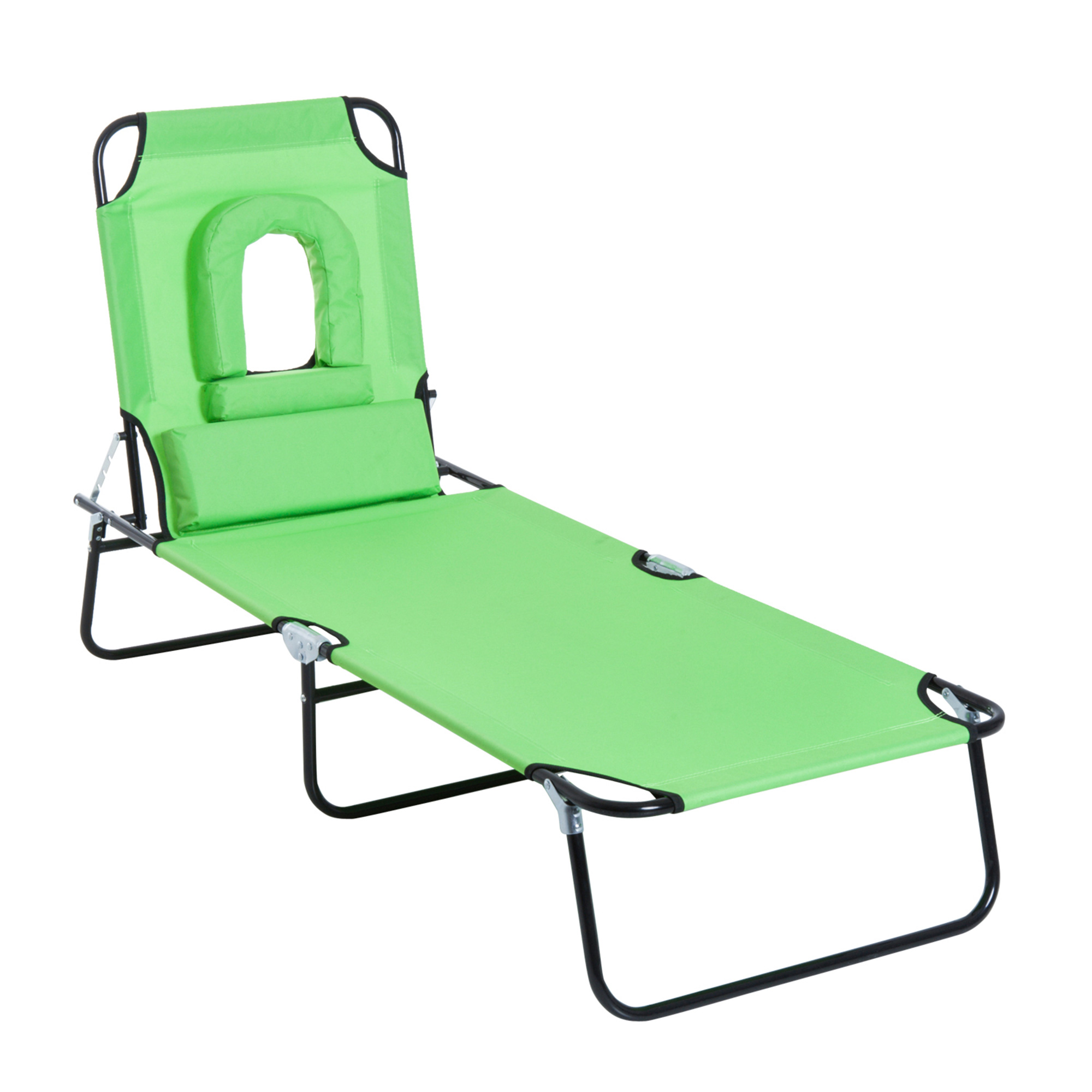 Outsunny Sdraio Pieghevole con Foro per il Viso e Cuscini, Lettino Prendisole per Giardino, Spiaggia e Campeggio, Verde
