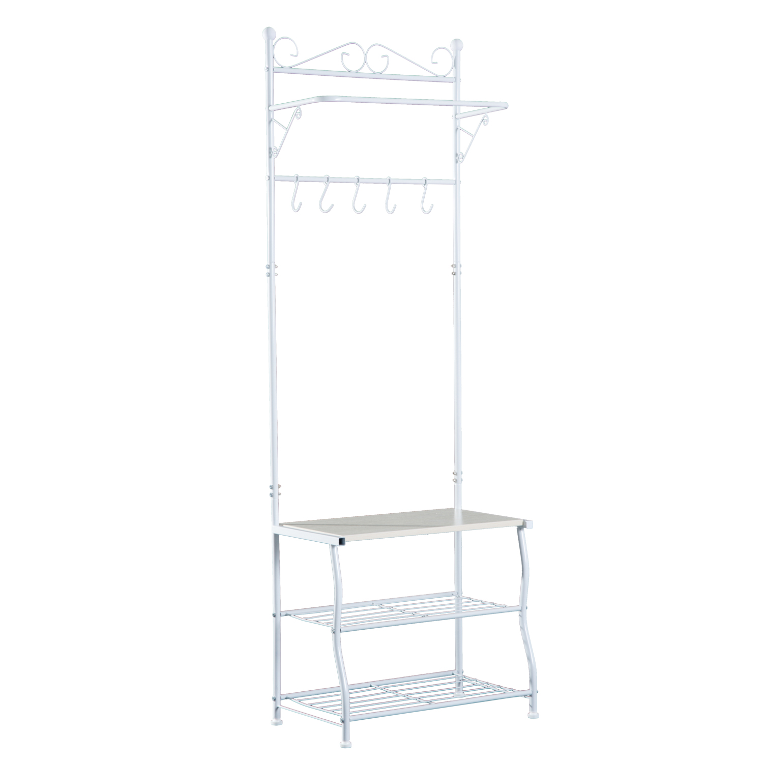 Homcom Stand Appendiabiti Attaccapanni per Ingresso Scarpiera a 2 Ripiani 5 Ganci Metallo 60 × 35 × 175cm Bianco