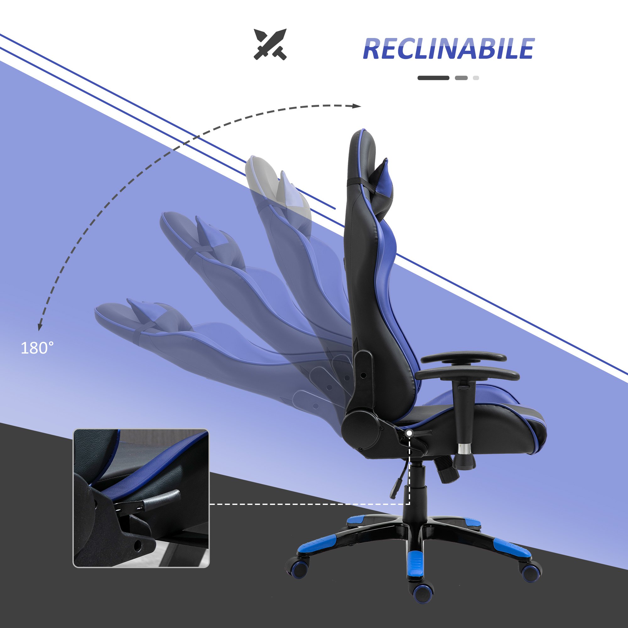 HomCom Sedie Gaming Sedie Ufficio Ergonomica in Ecopelle Girevole e  Reclinabile con Sostegno Lombare e Collo, 67 x 67 x 123-132cm, Nero e Blu |  Aosom.it