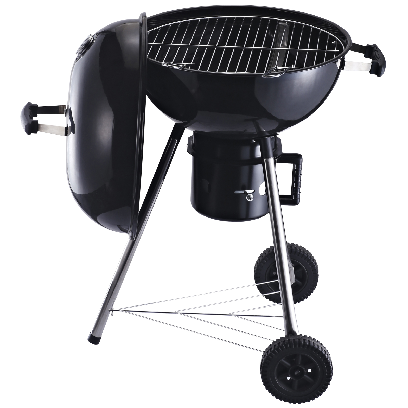 Outsunny Barbecue in Ghisa con 2 Ruote e 2 Griglie   Coperchio con Termometro, Valvola e Ripiano Inferiore   50x63x94cm
