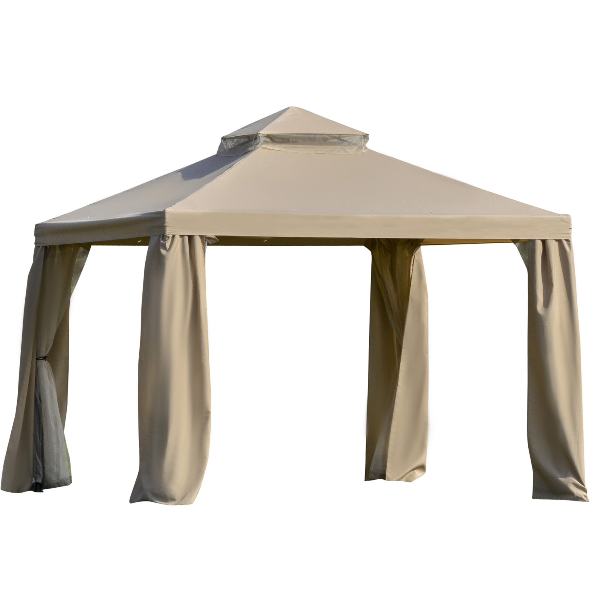 Outsunny Gazebo da Giardino o esterno 3x3m con Zanzariera e Tetto in Metallo  a 2 Livelli in Poliestere Cachi