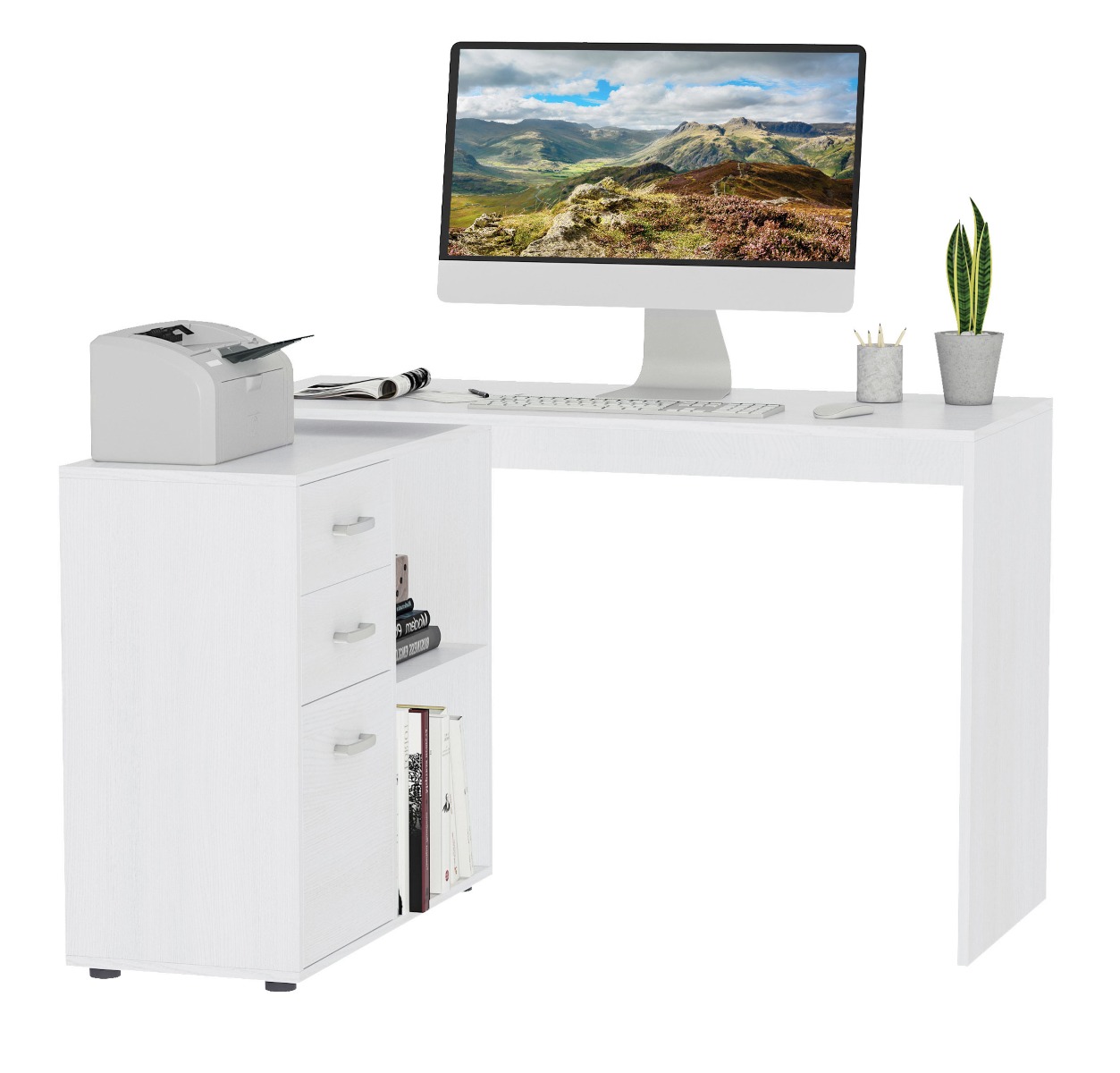 Homcom Scrivania ad Angolo con Cassettiera, Scrivania PC Salvaspazio, Montaggio Facile  per Casa Ufficio Studio Bianco, 117x83.5x76cm