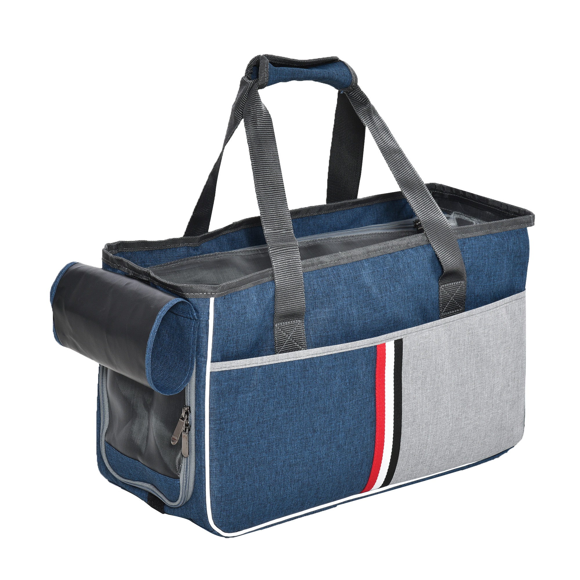 PawHut Borsa Trasportino per Cani e Gatti in Oxford, Cuscino Rimovibile e Lavabile, Inserti in Rete Traspirante, 47x20x28cm, Blu Grigio