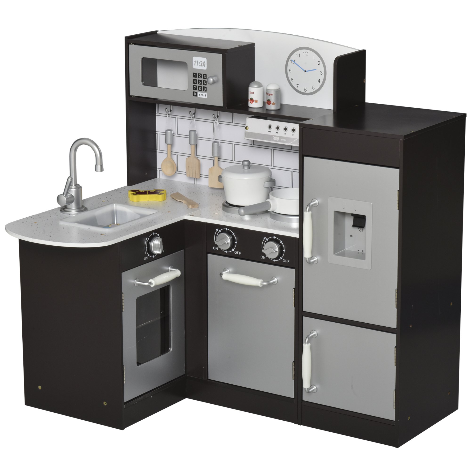 HOMCOM Cucina Giocattolo per Bambini in Legno con 14 Accessori, Forno, Lavandino, Frigo e Microonde, Età 3+ Anni, 86x64x84.5cm, Nero e Argento