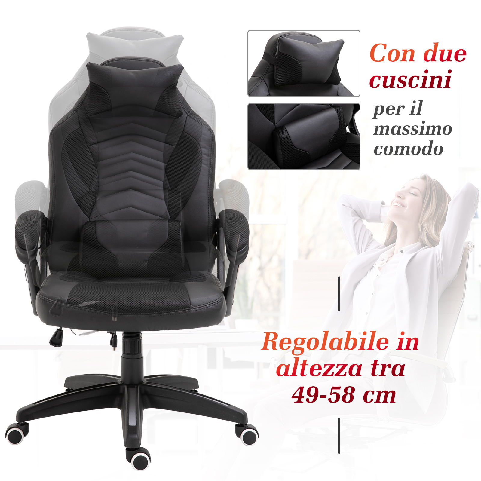 HOMCOM Sedia Poltrona da Ufficio Massaggiante e Riscaldante Design  Ergonomico Reclinabile Ecopelle 68L×69P×(108-117)Acm Nera Riscaldante,  imbottitura | AOSOM.it